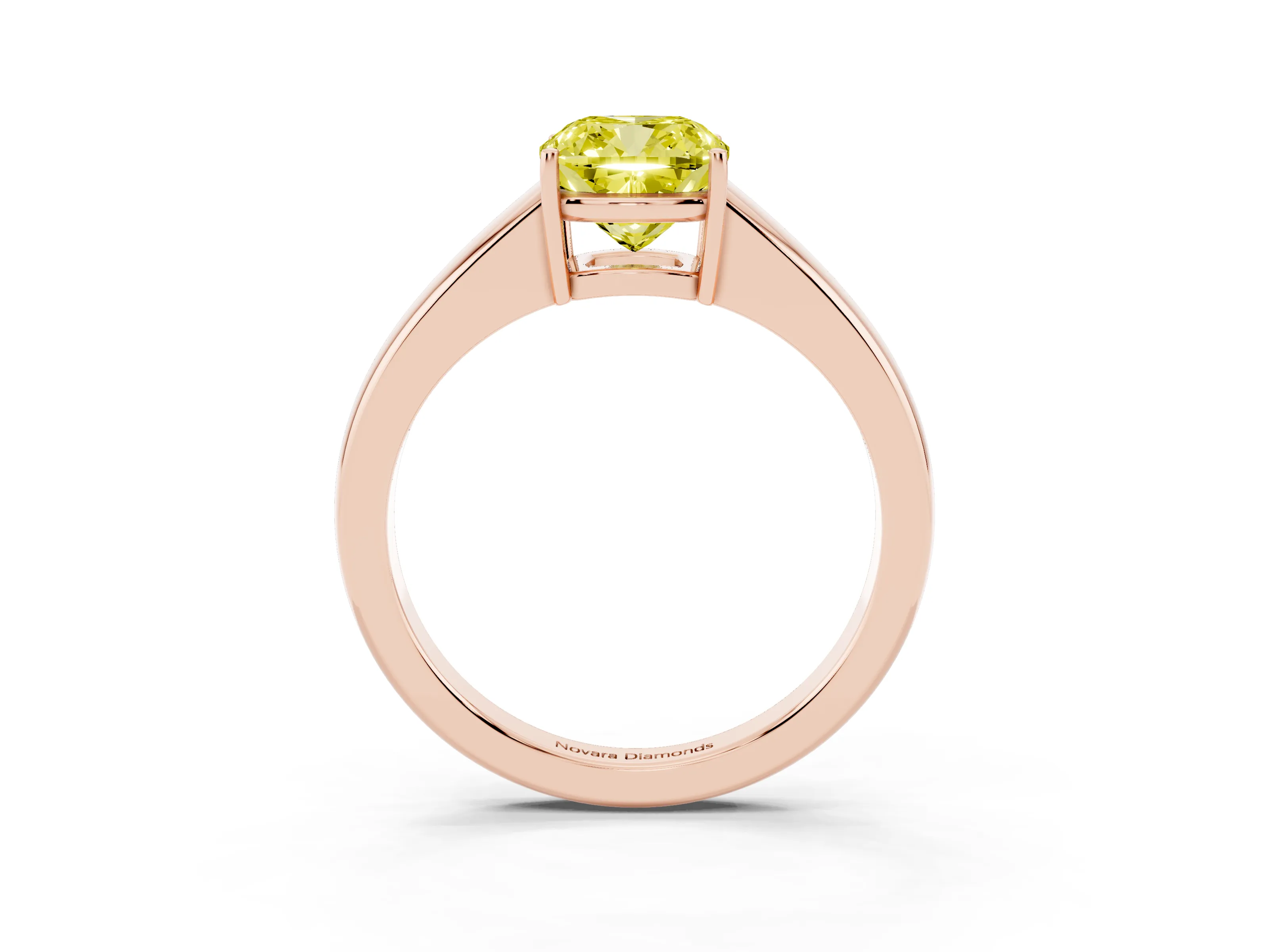 Fancy Yellow Cushion Cut Diamond Solitaire Ring Set in Rose gold with Tapered Band and Prong Setting