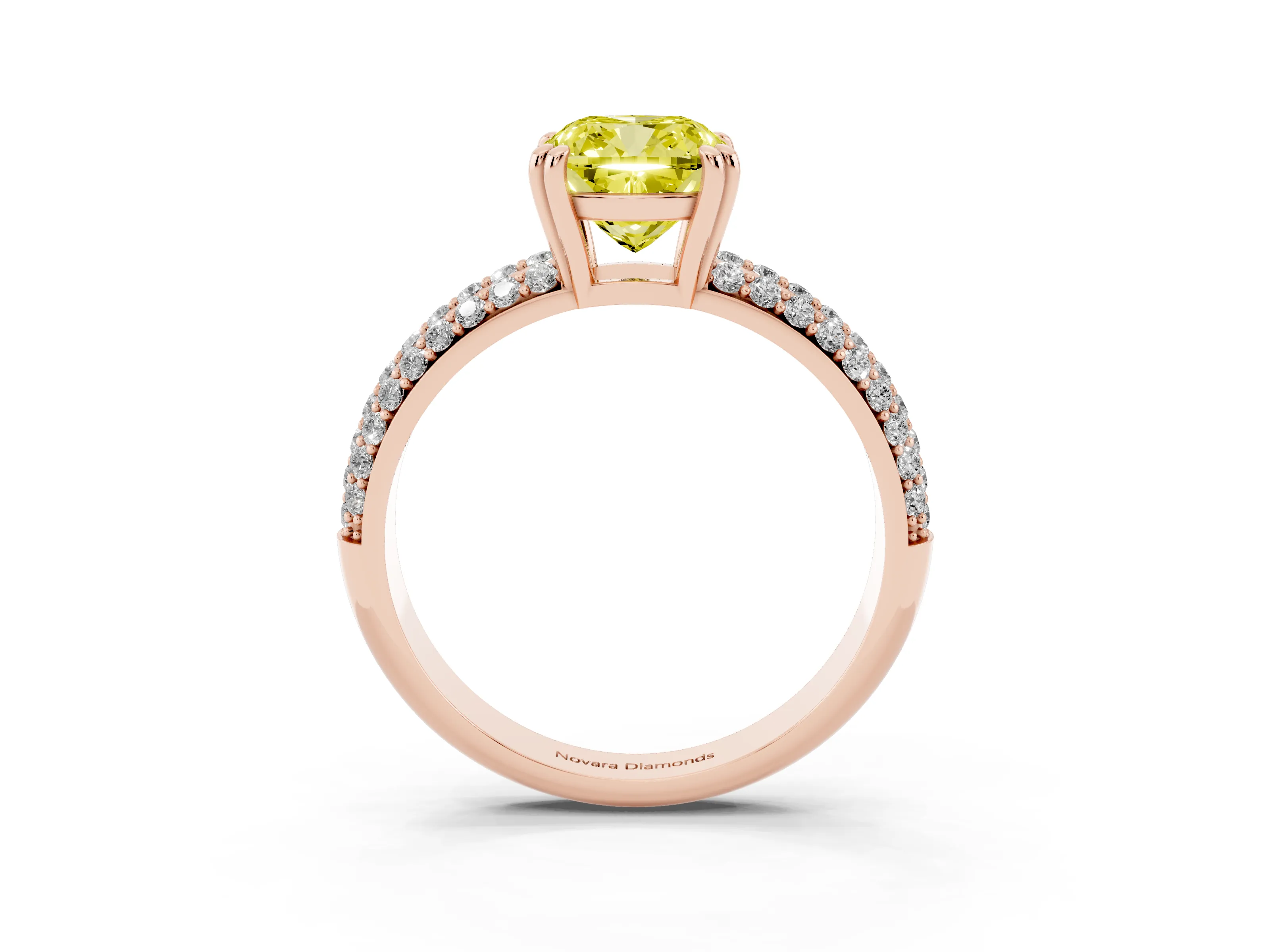 Fancy Yellow Cushion Cut Diamond Solitaire Ring Set in Rose gold with Multi-Row Round Pavé Band and Prong Setting