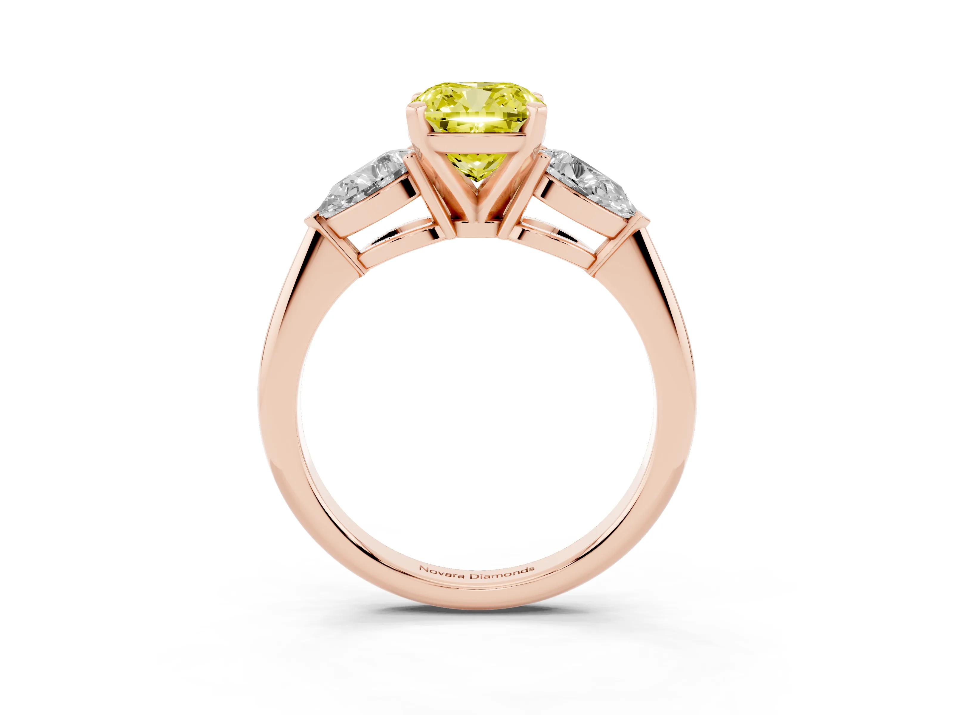 Fancy Yellow Three-Stone Cushion Cut Diamond Ring Set in Rose gold with Pear Side Stones and Prong Setting