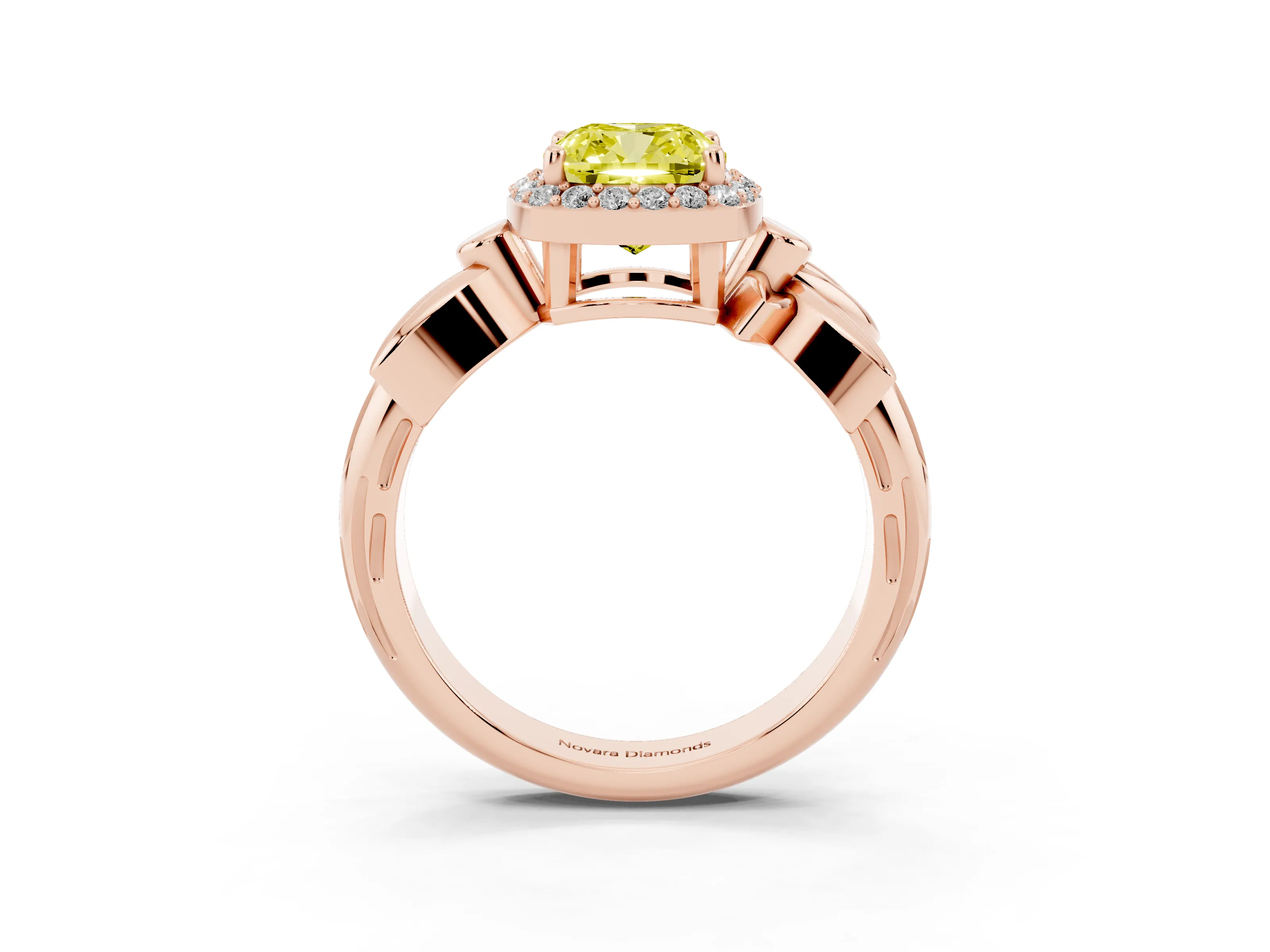 Fancy Yellow Cushion Cut Diamond Halo Floral Band Ring Set in Rose gold with Prong Setting