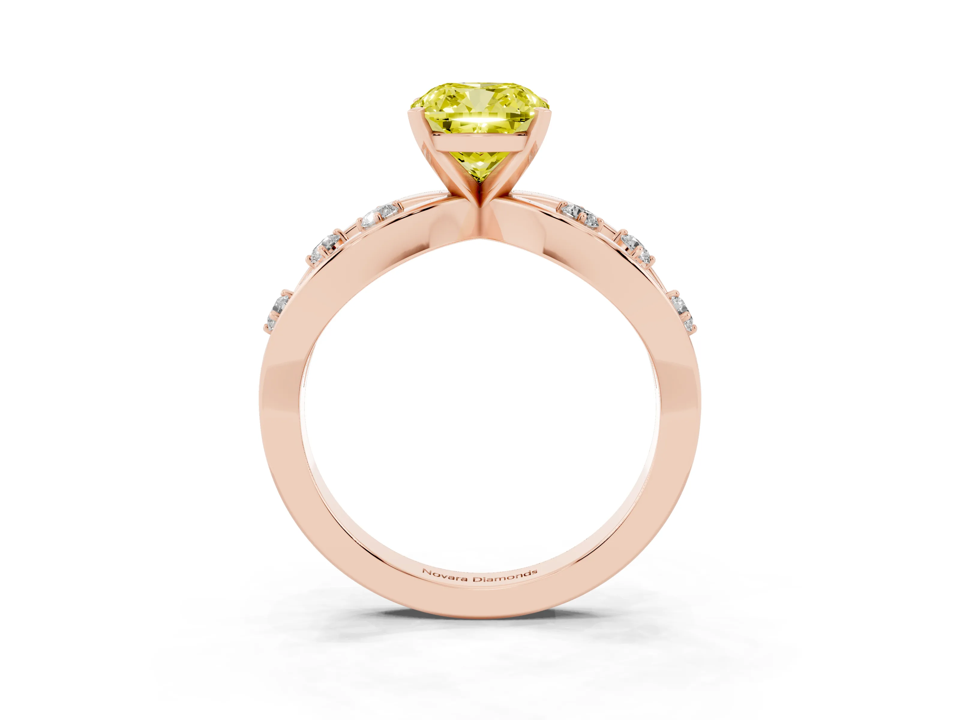 Fancy Yellow Cushion Cut Diamond Solitaire Ring Set in Rose gold with Side Stones on Criss-Cross Band and Prong Setting