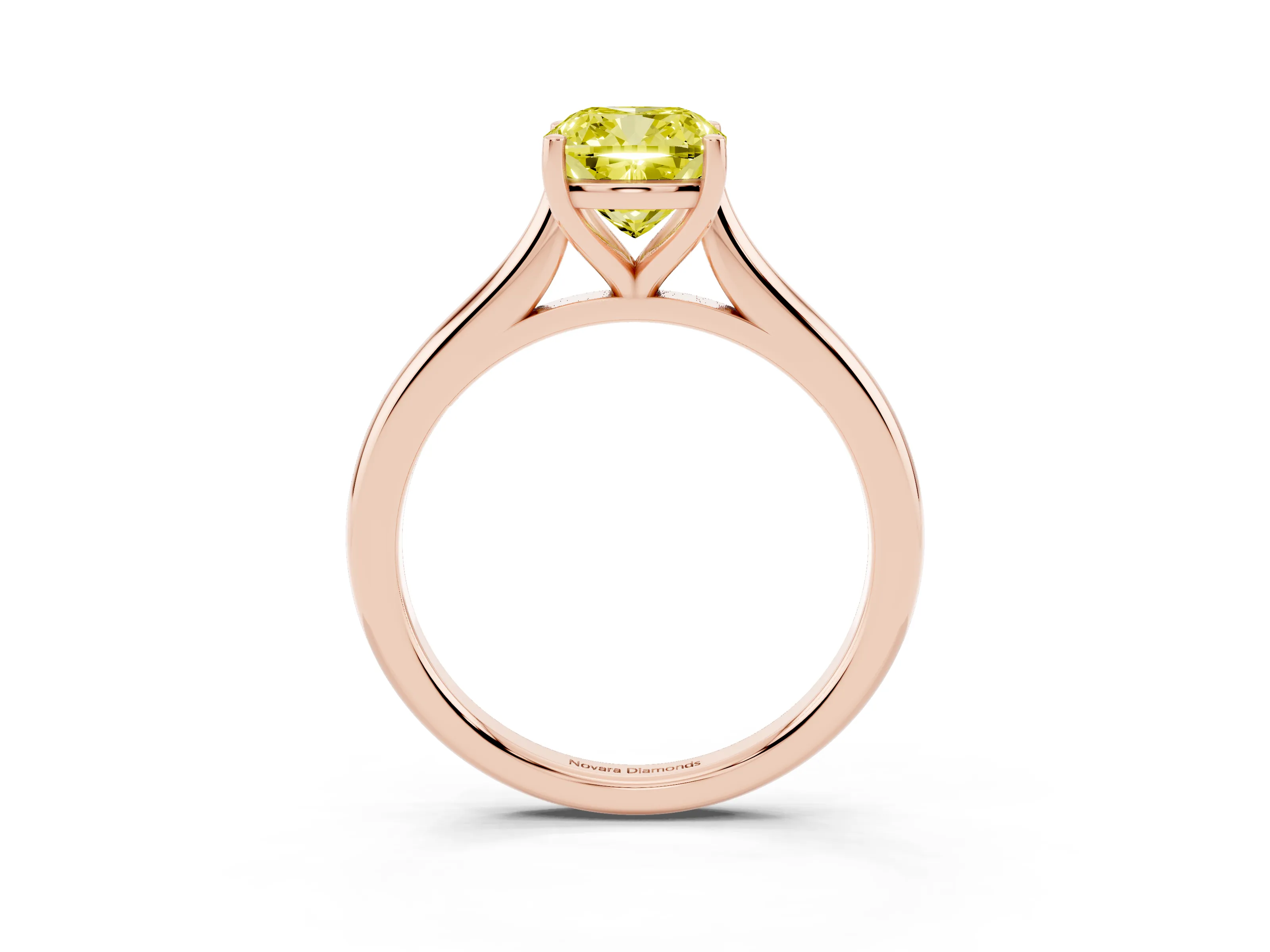 Fancy Yellow Cushion Cut Diamond Solitaire Ring Set in Rose gold with Cathedral Band and Prong Setting