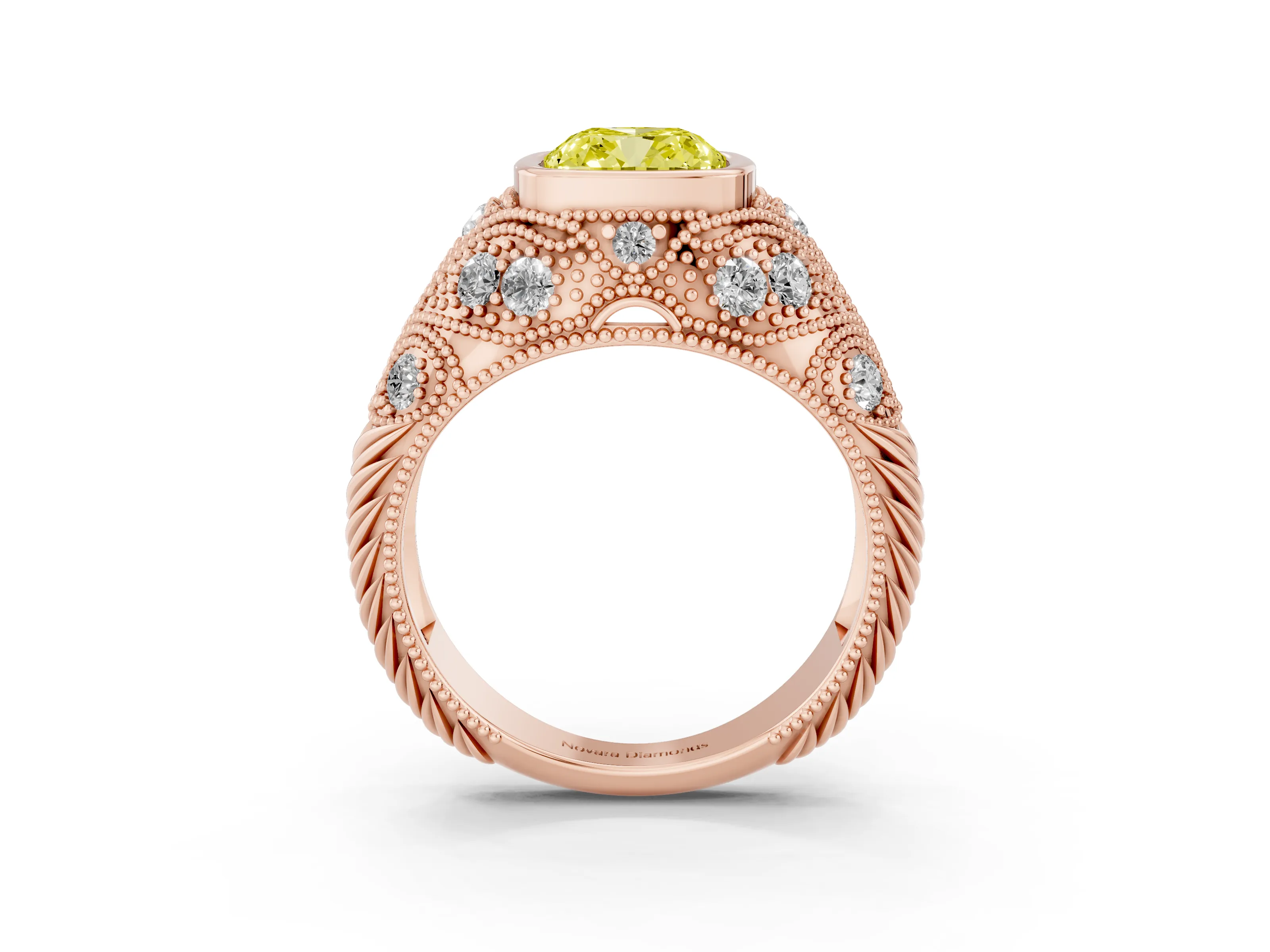 Fancy Yellow Cushion Cut Diamond Bezel Ring Set in Rose gold with Milgrain Accent Band