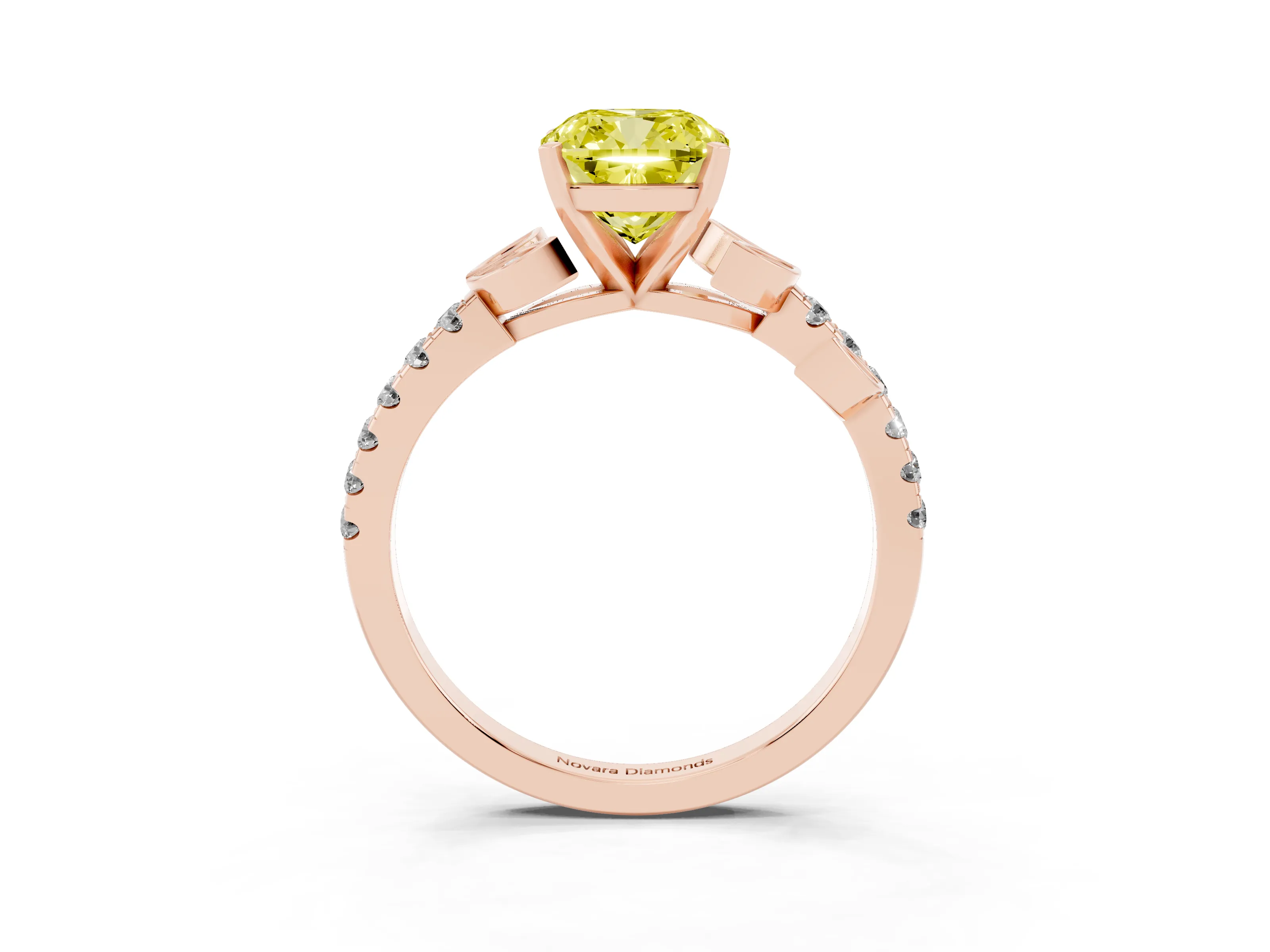 Fancy Yellow Cushion Cut Diamond Solitaire Leaf-Inspired Ring Set in Rose gold with Pavé Band and Prong Setting