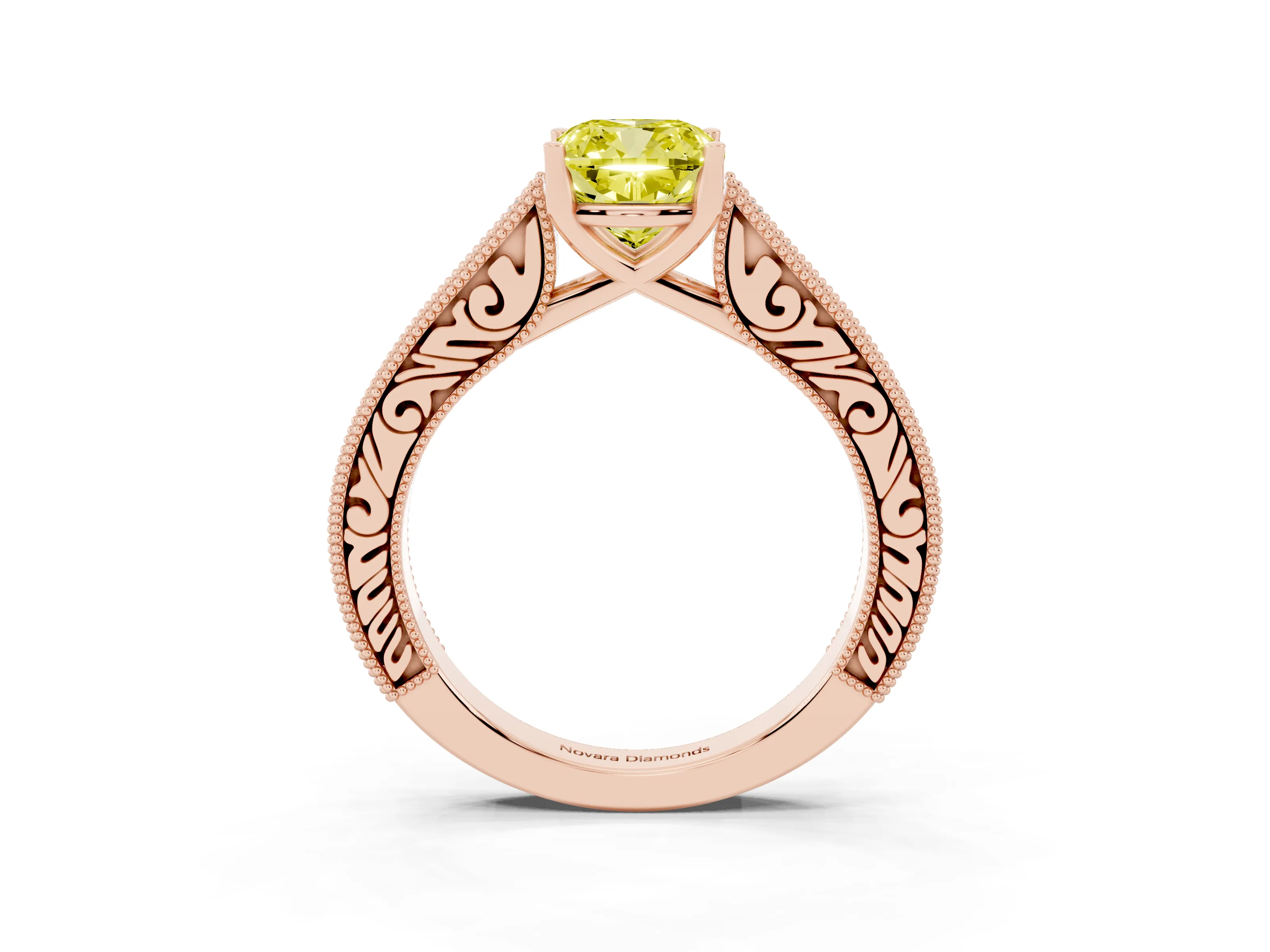 Fancy Yellow Cushion Cut Diamond Milgrain Pavé Band Solitaire Ring Set in Rose gold with Prong Setting