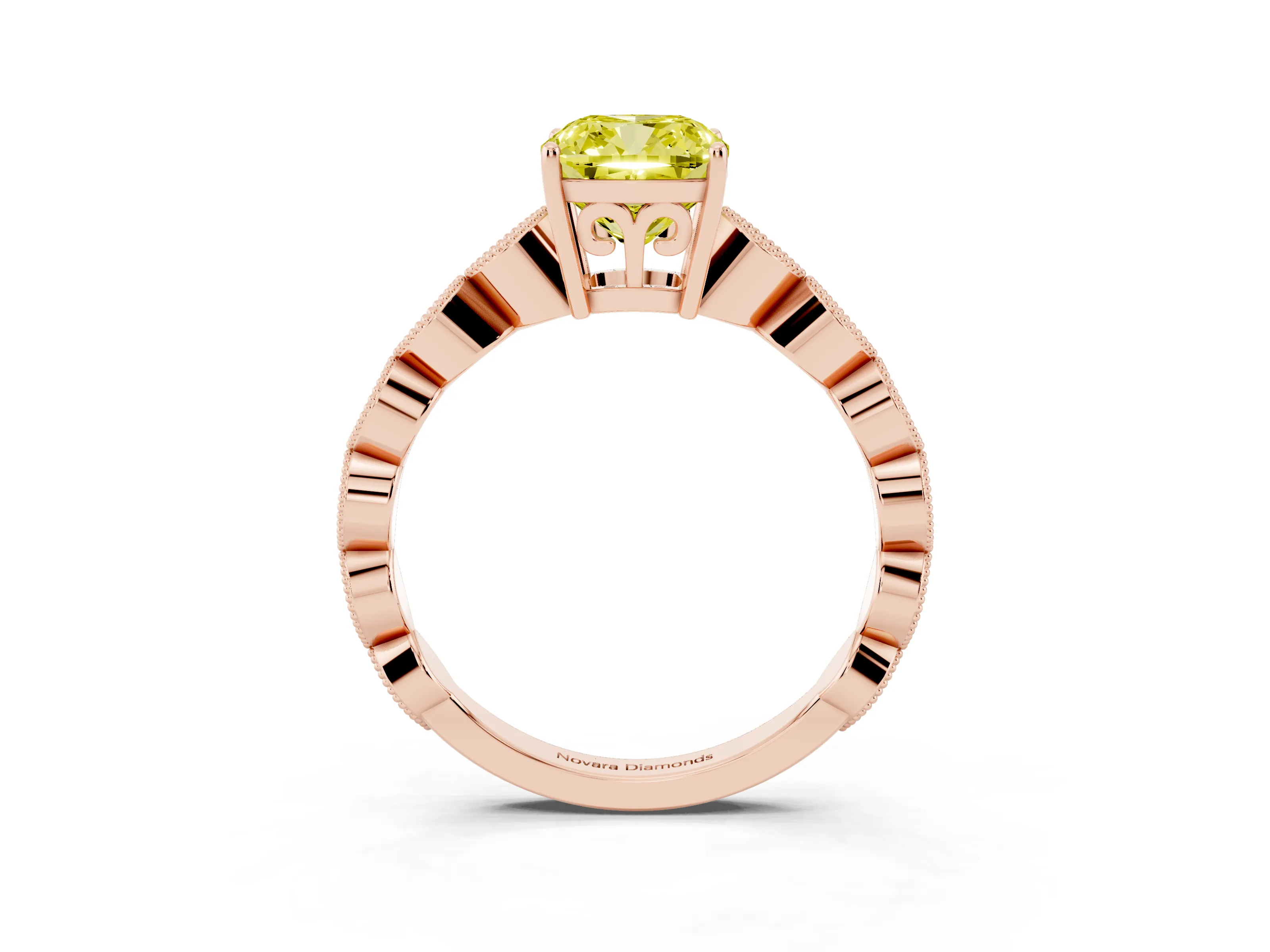 Fancy Yellow Cushion Cut Diamond Solitaire Ring Set in Rose gold with Infinity Twist Pavé Band