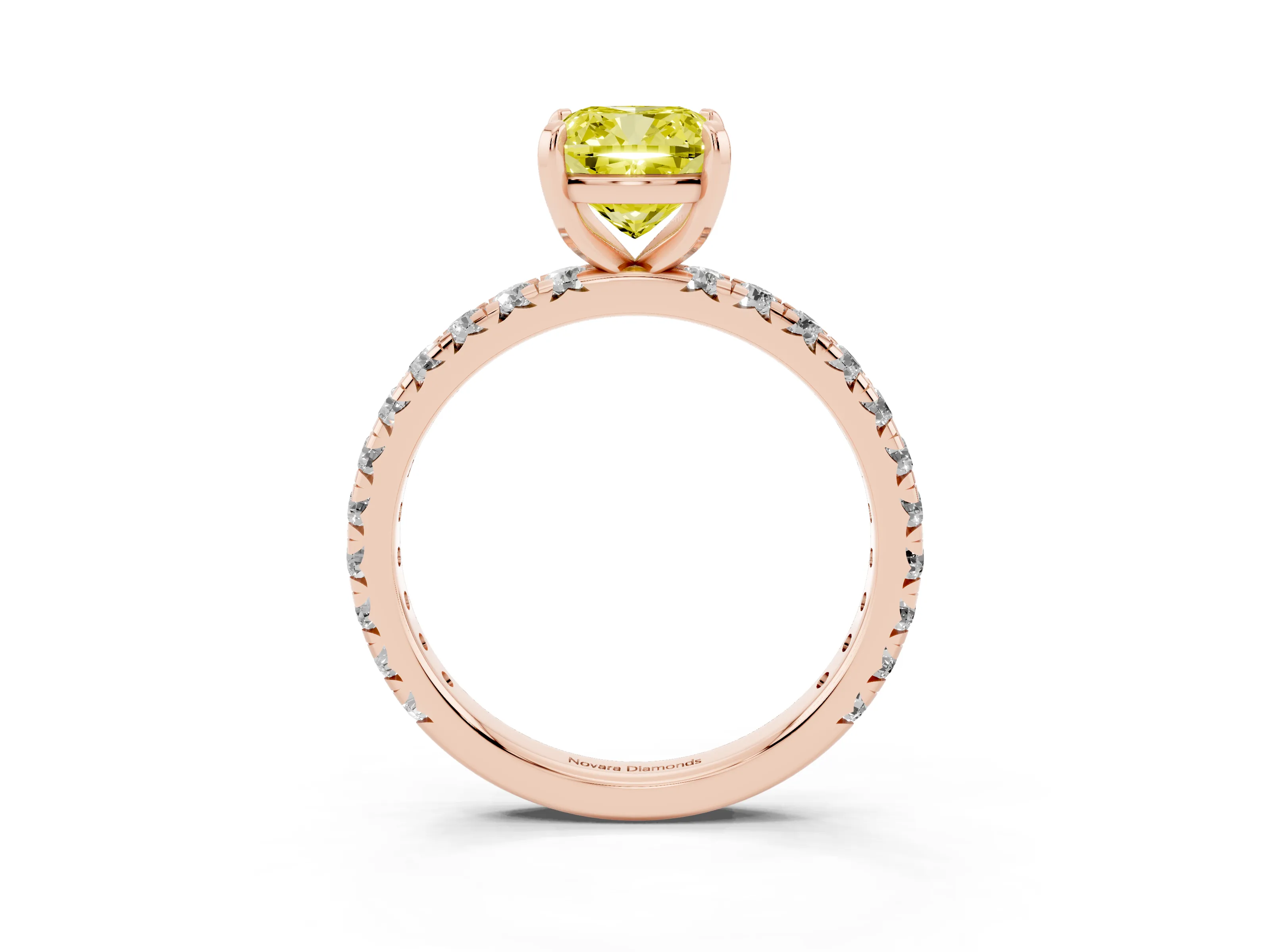 Fancy Yellow Cushion Cut Diamond Pavé Solitaire Ring Set in Rose gold with Round Band and Prong Setting