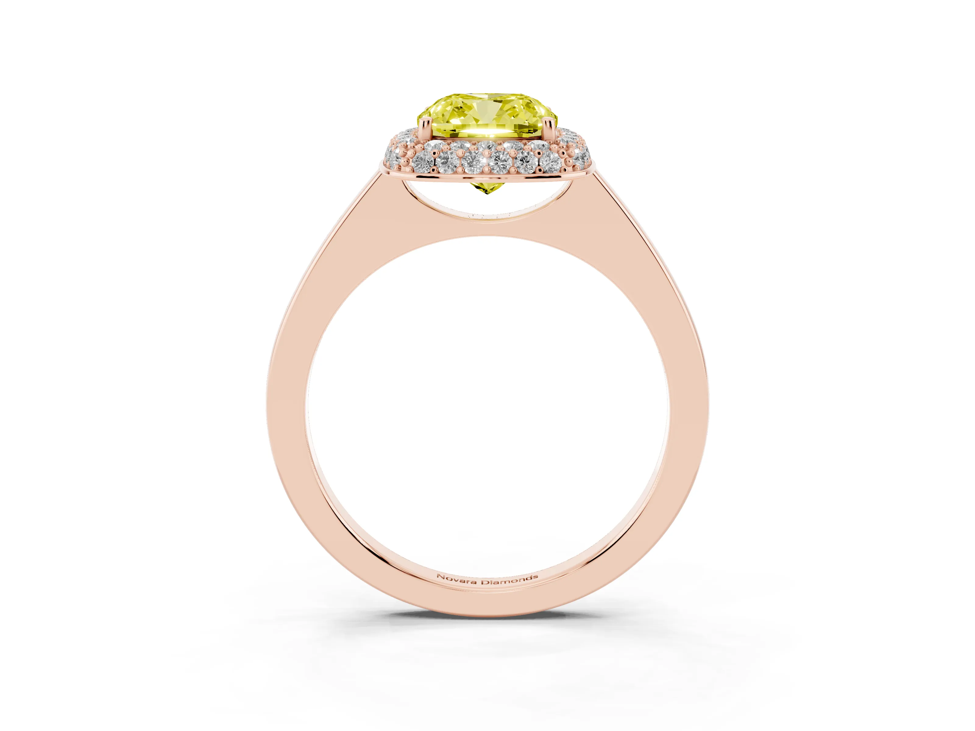 Fancy Yellow Cushion Cut Diamond Halo Engagement Ring Set in Rose gold with Solitaire Band and Prong Setting