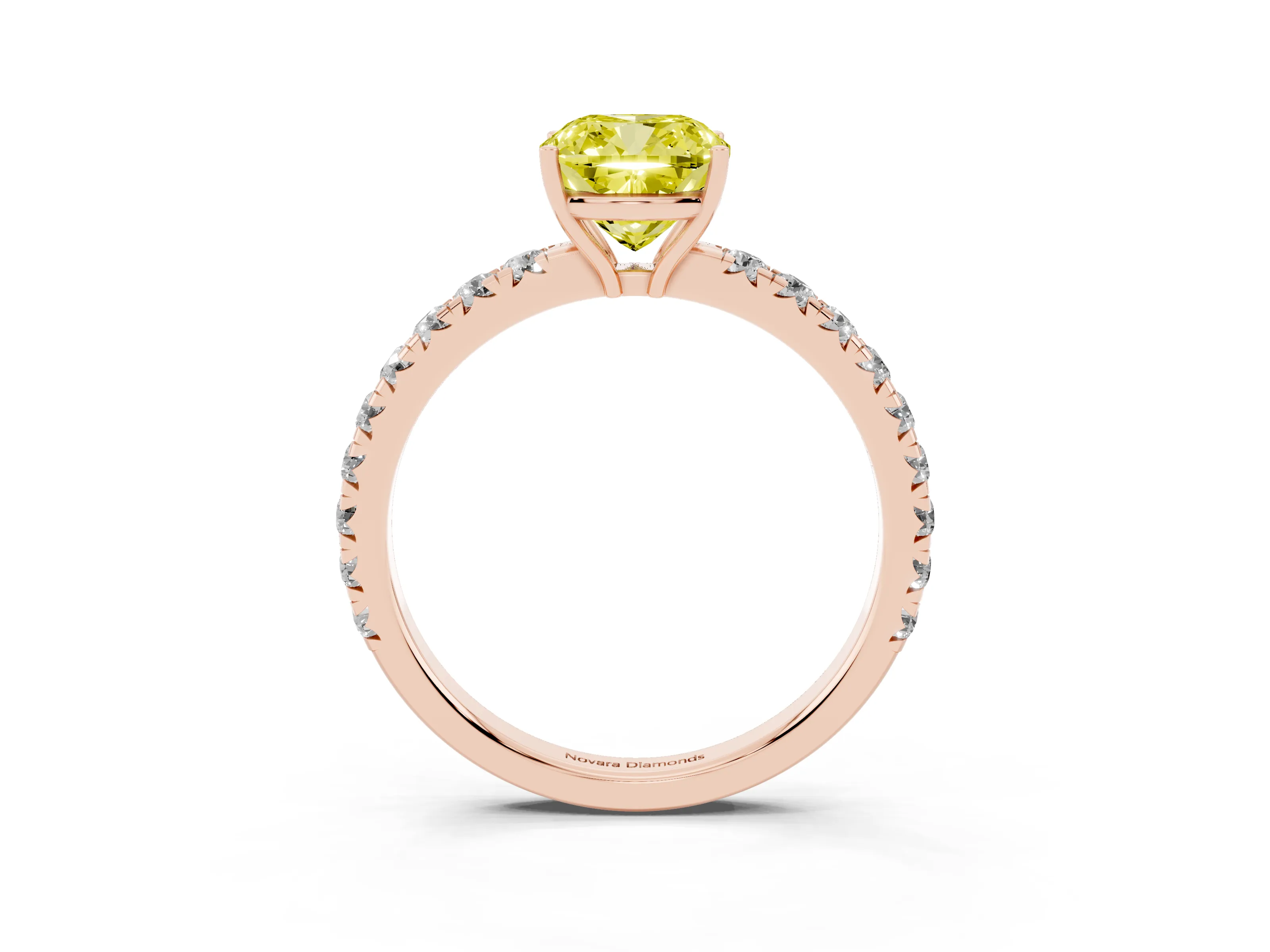 Fancy Yellow Cushion Cut Diamond Pavé Solitaire Engagement Ring Set in Rose gold with Prong Setting
