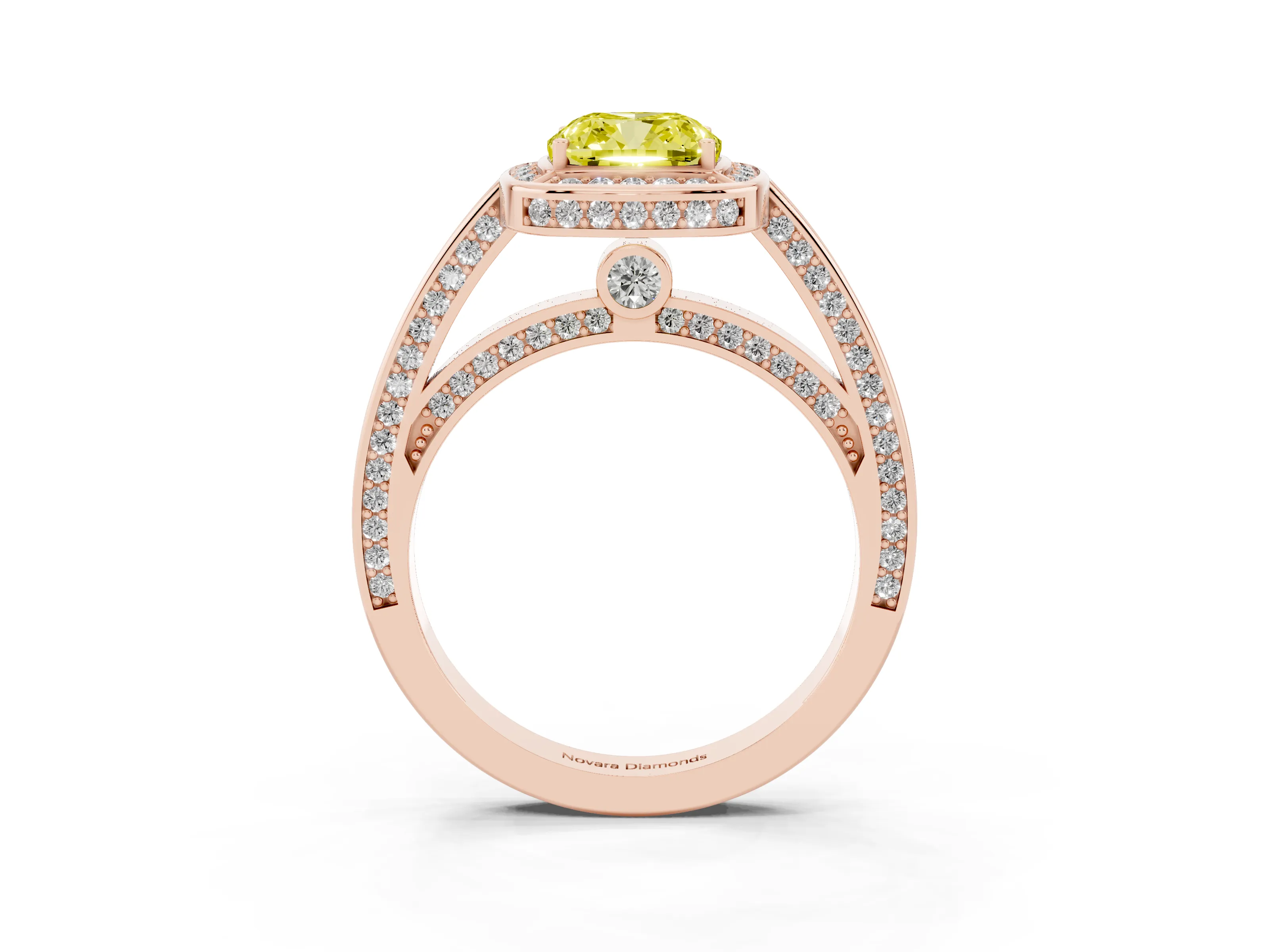 Fancy Yellow Cushion Cut Diamond Halo Pavé Split Shank Ring Set in Rose gold with Prong Setting