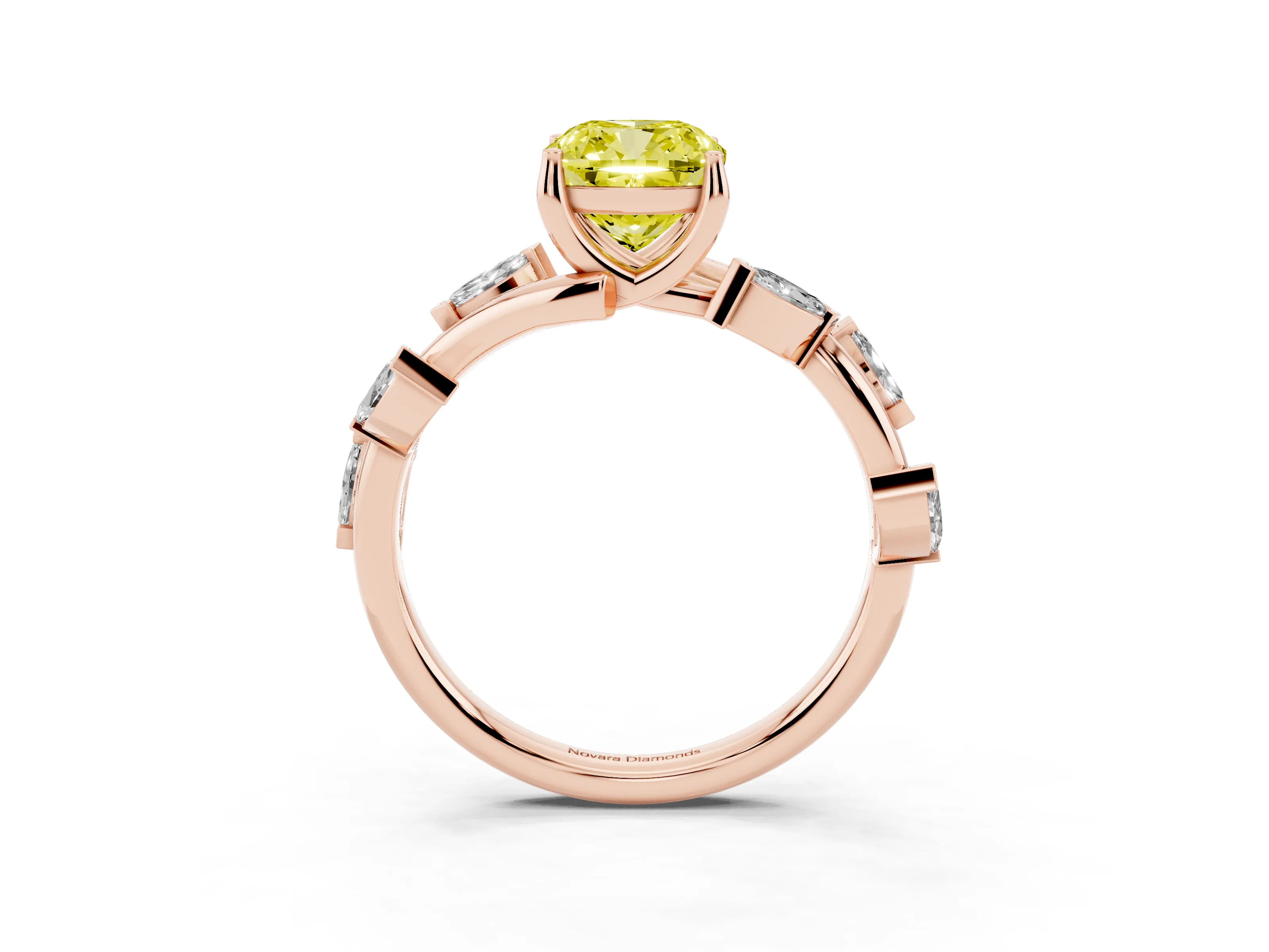 Fancy Yellow Cushion Cut Diamond Solitaire Ring Set in Rose gold with Twisted Marquise Accent Band