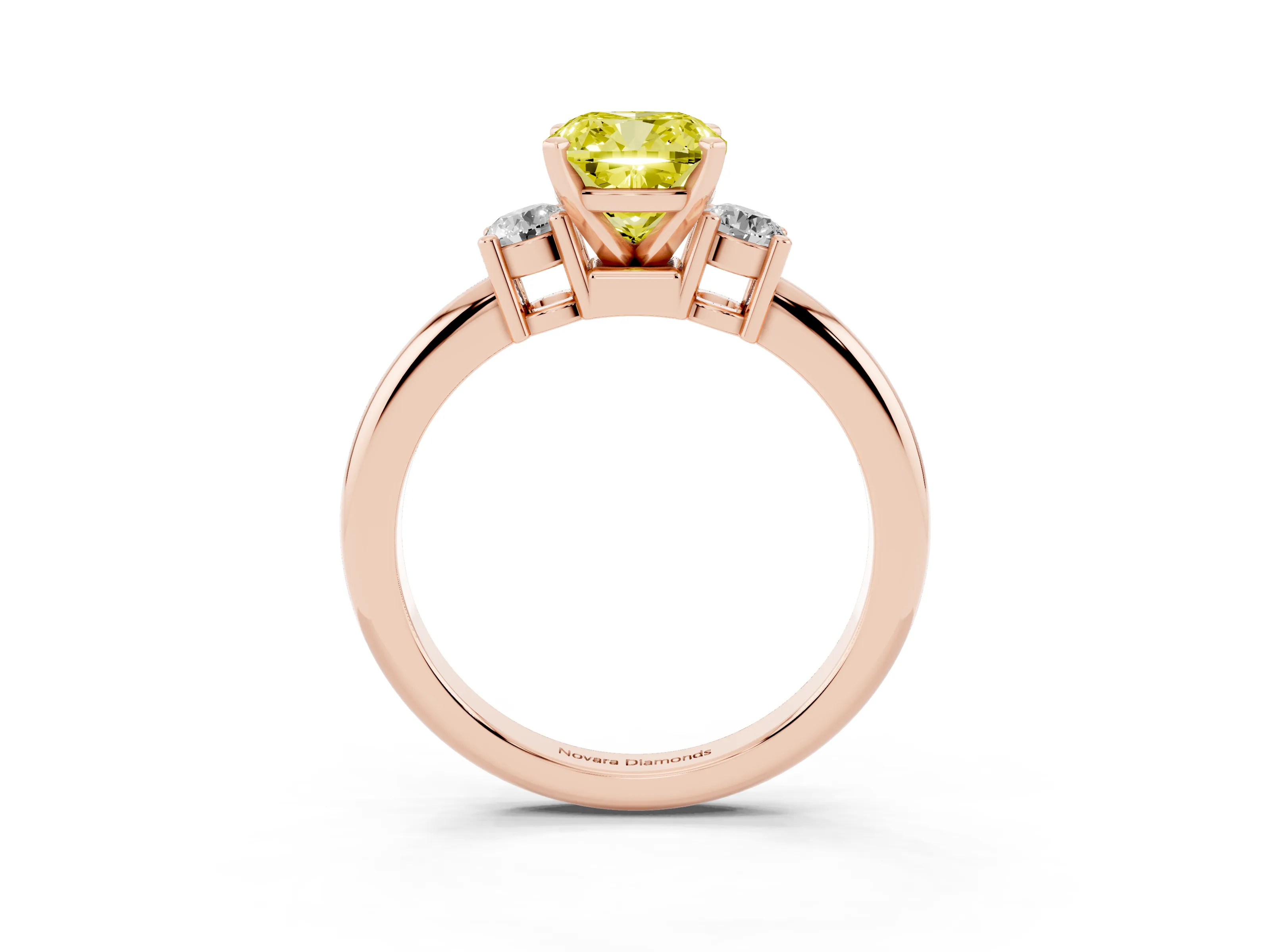 Fancy Yellow Three-Stone Cushion Cut Diamond Ring Set in Rose gold with Prong Setting and Plain Band