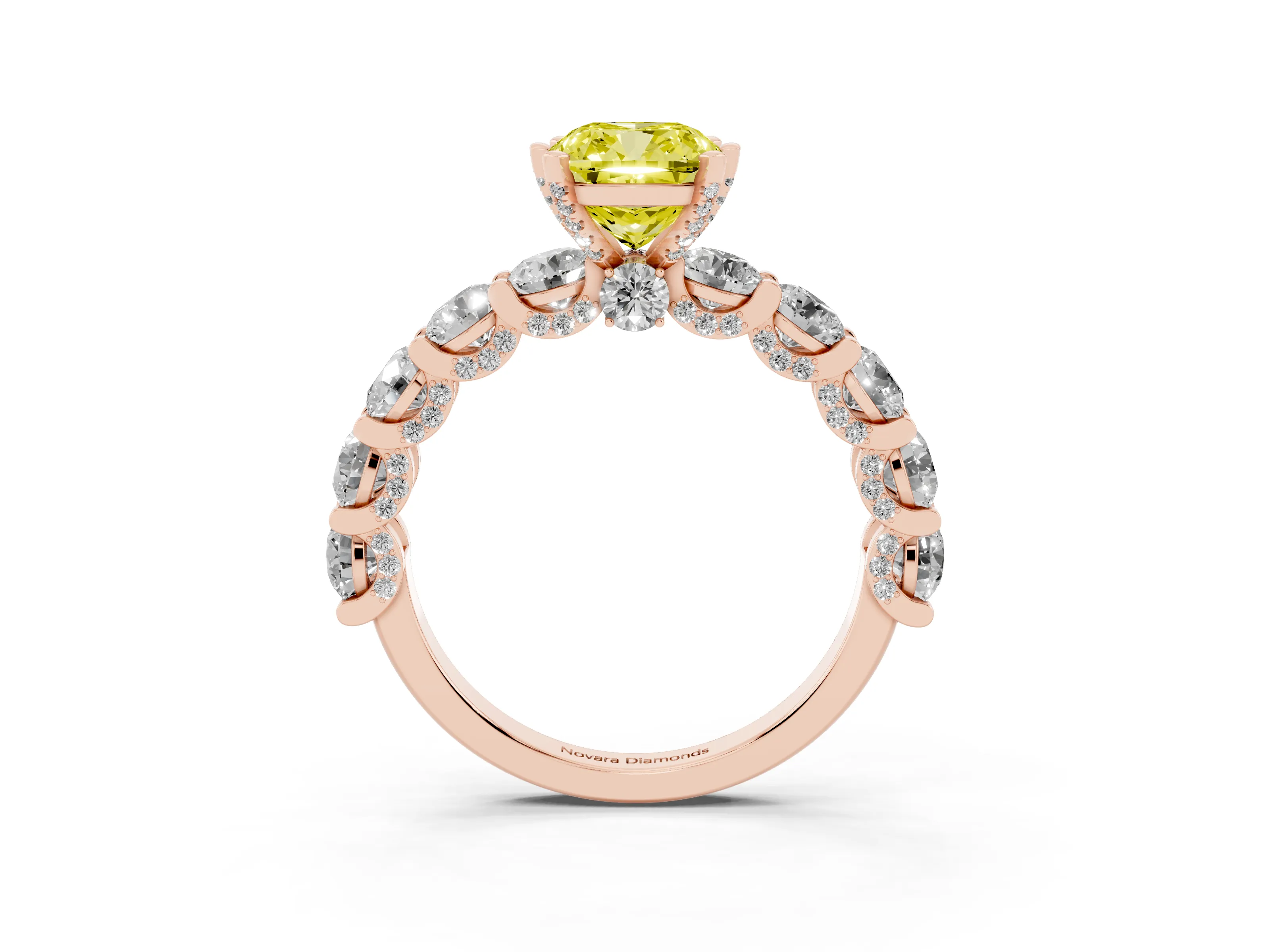 Fancy Yellow Cushion Cut Diamond Side Stone Ring Set in Rose gold with Alternating Round and Oval Side Stones