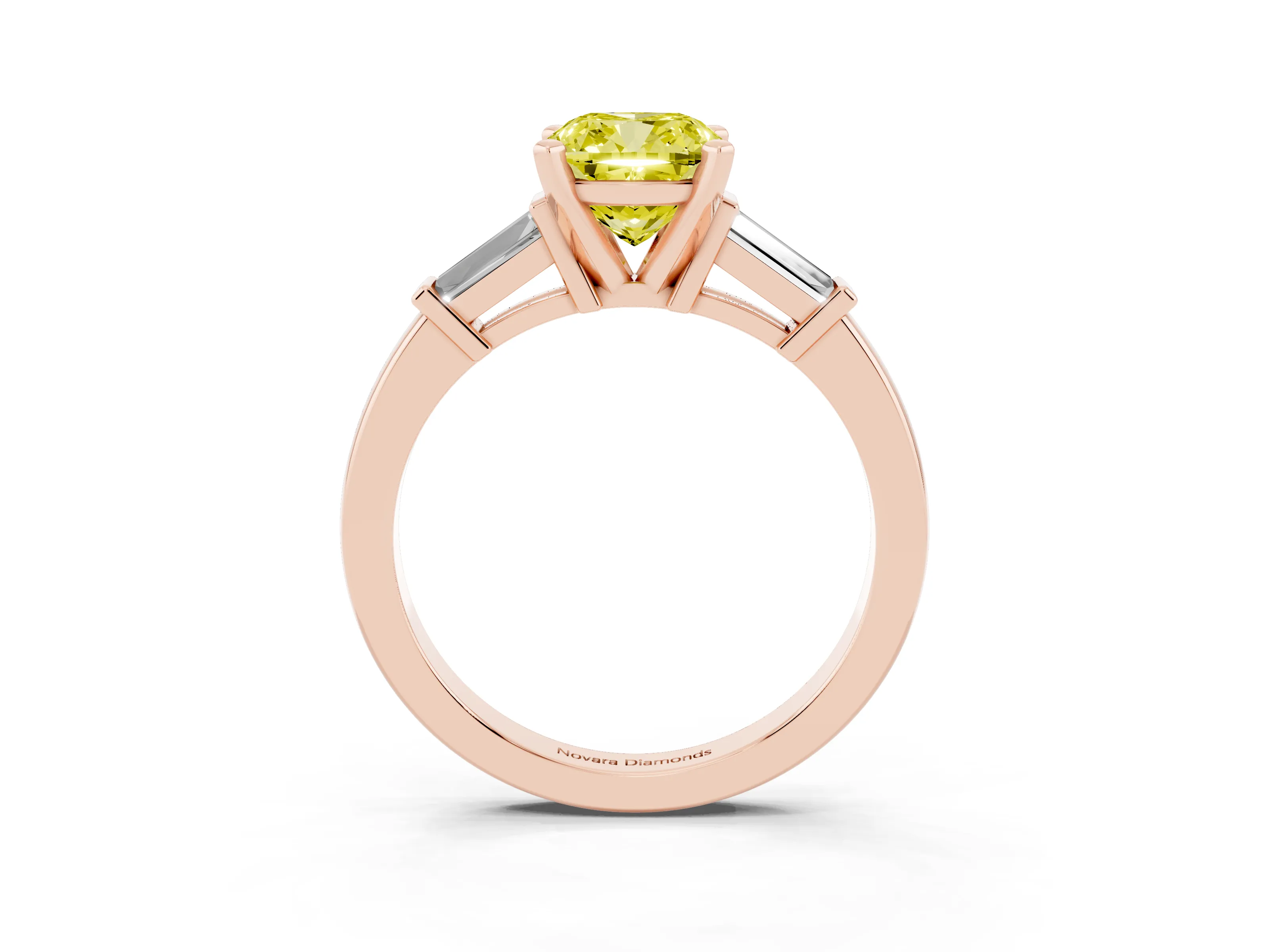 Fancy Yellow Cushion Cut Diamond Solitaire Ring Set in Rose gold with Tapered Baguette Accents and Prong Setting
