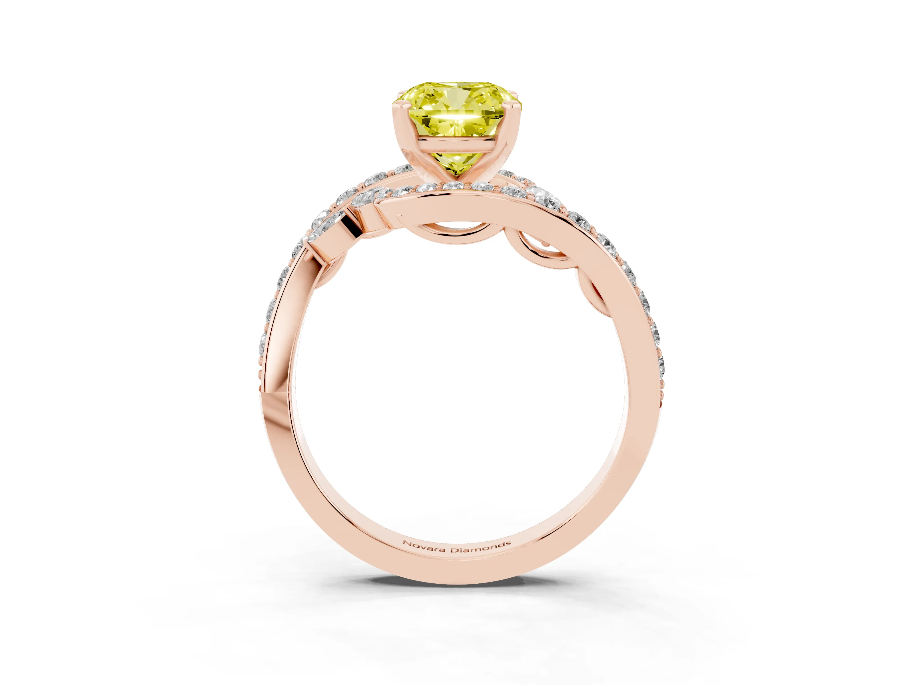 Fancy Yellow Cushion Cut Diamond Solitaire Ring Set in Rose gold with Filigree Band and Prong Setting