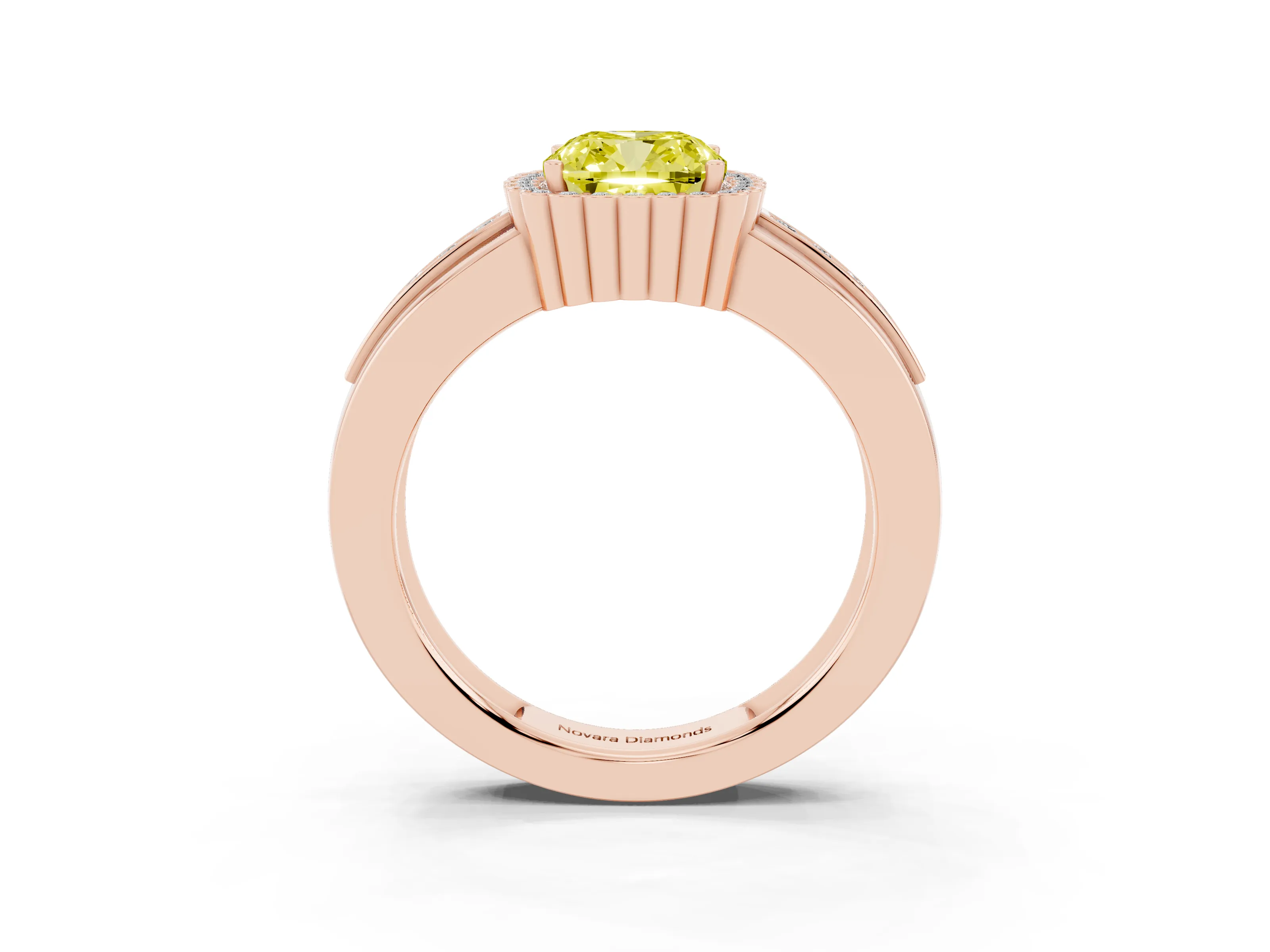 Fancy Yellow Cushion Cut Diamond Halo Prong Ring Set in Rose gold with Pavé Band