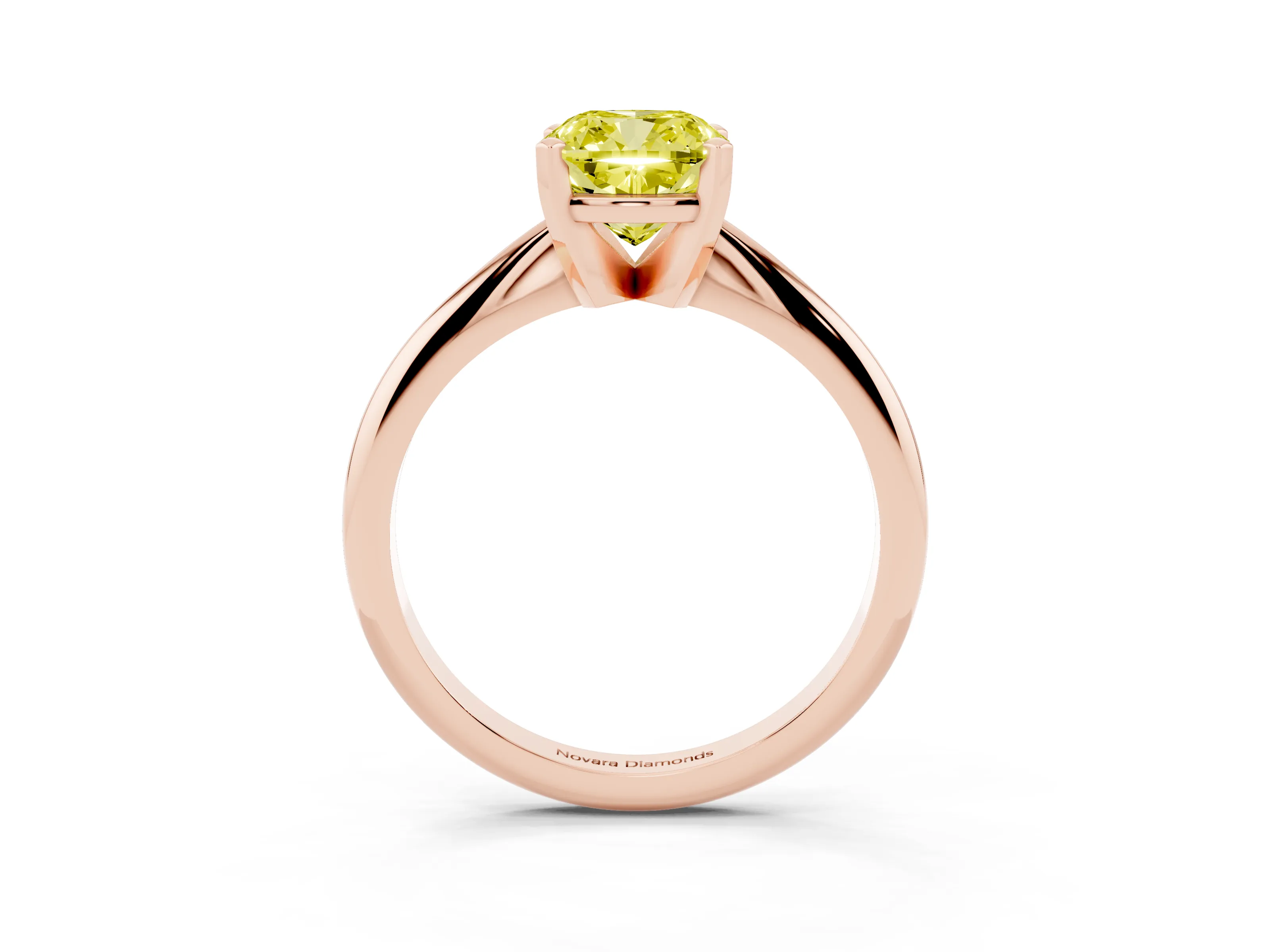 Fancy Yellow Cushion Cut Diamond Solitaire Ring Set in Rose gold with Prong Setting on a Plain Round Band