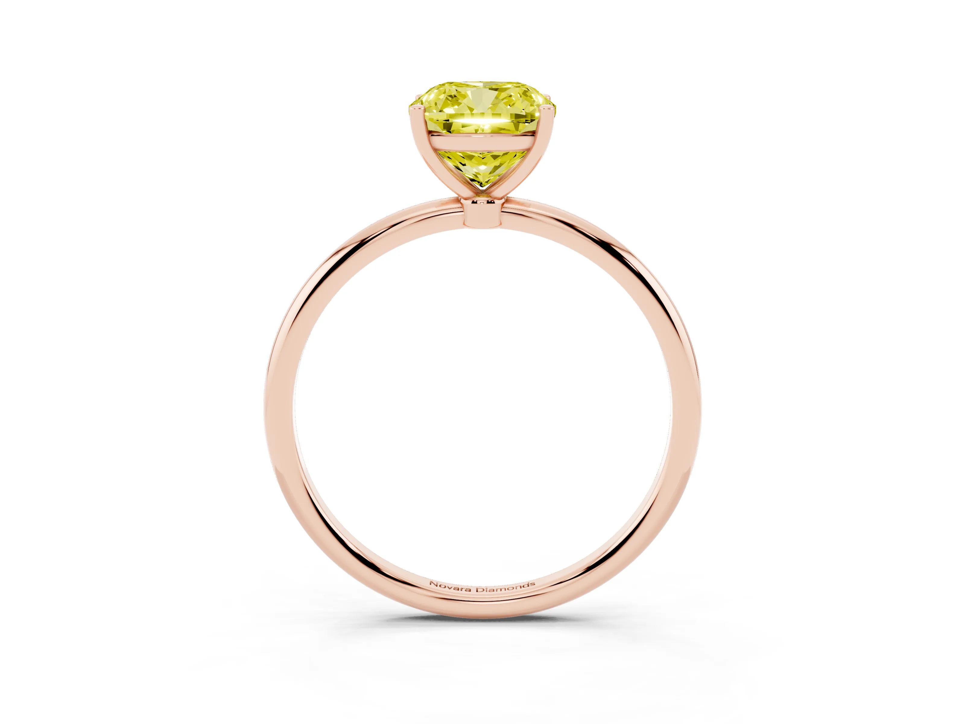 Fancy Yellow Cushion Cut Diamond Solitaire Engagement Ring Set in Rose gold with Thin Band and Prong Setting