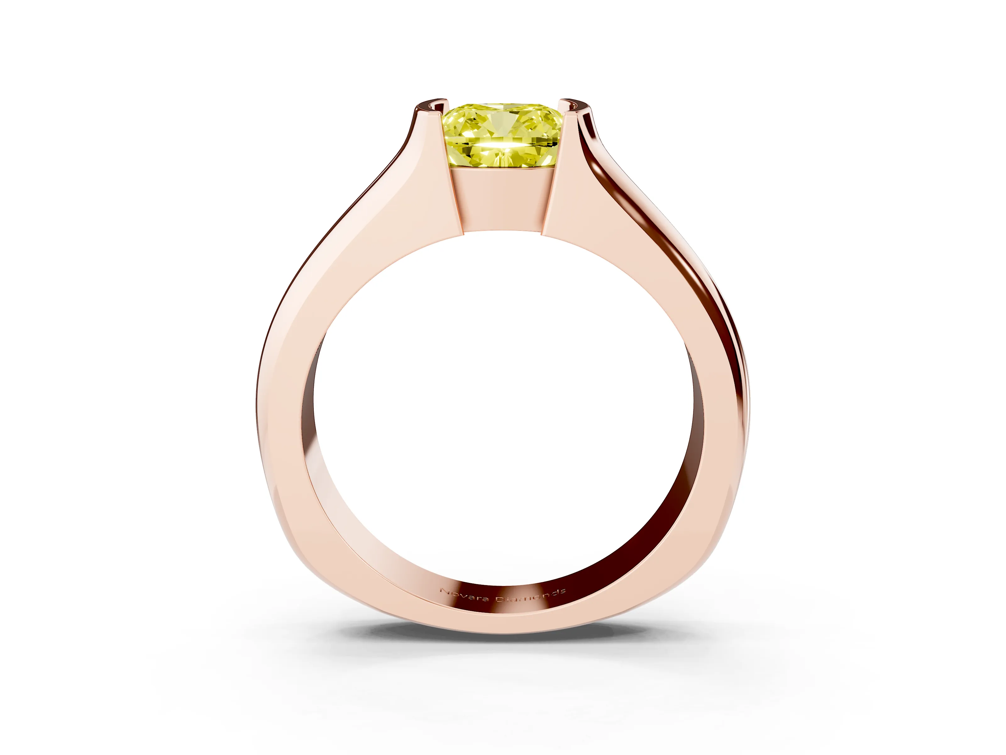 Fancy Yellow Cushion Cut Diamond Bezel Solitaire Ring Set in Rose gold with Wide Band
