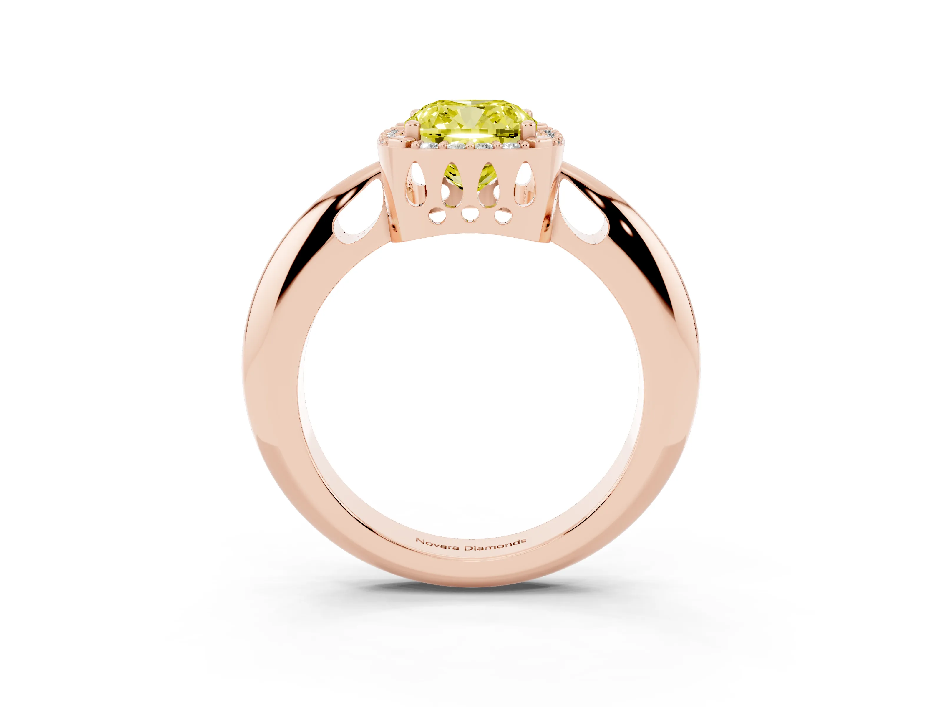 Fancy Yellow Cushion Cut Diamond Halo Engagement Ring Set in Rose gold with Plain Split Shank and Prong Setting