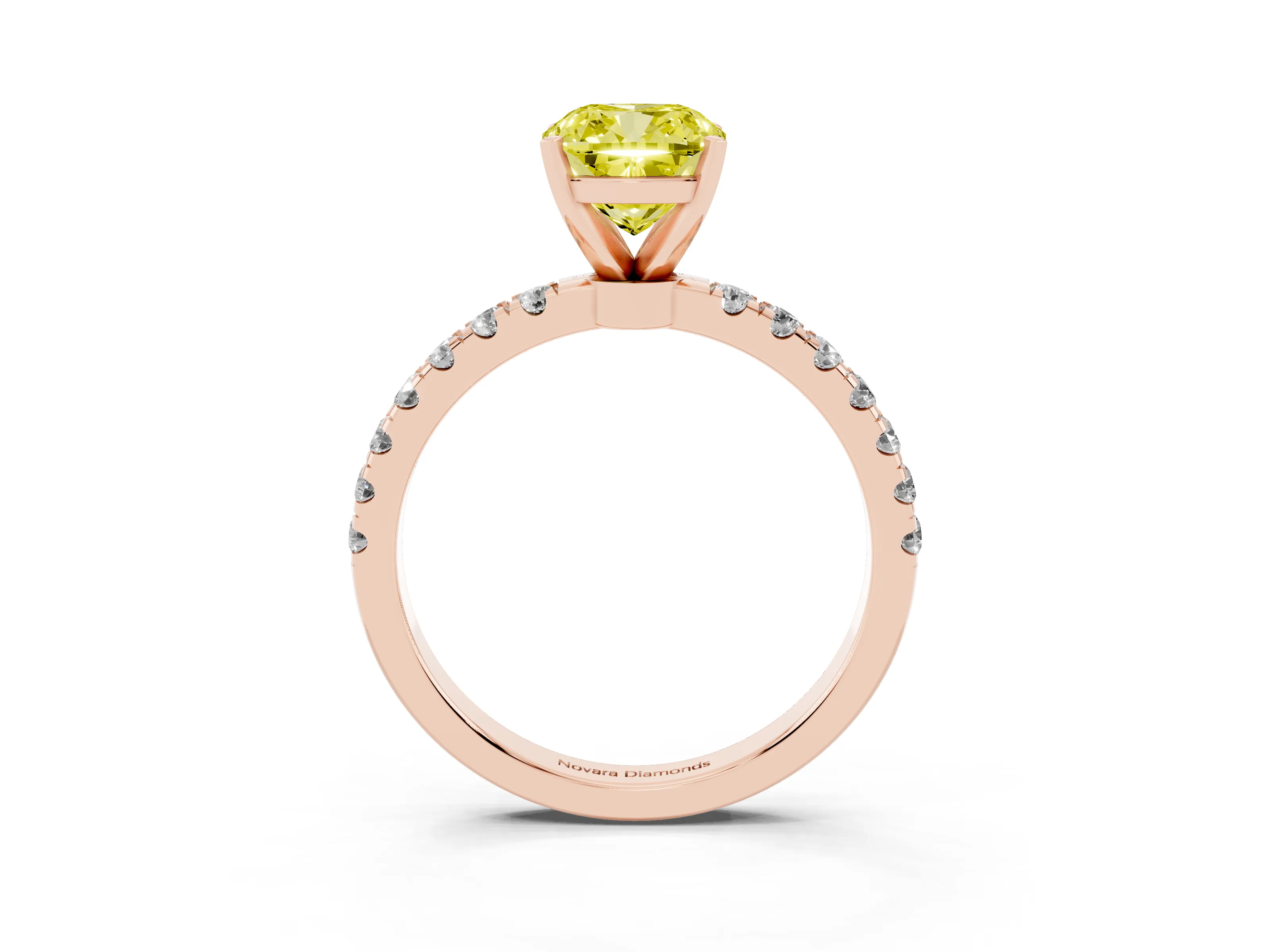 Fancy Yellow Cushion Cut Diamond Solitaire Ring Set in Rose gold with Pavé Accents and Prong Setting