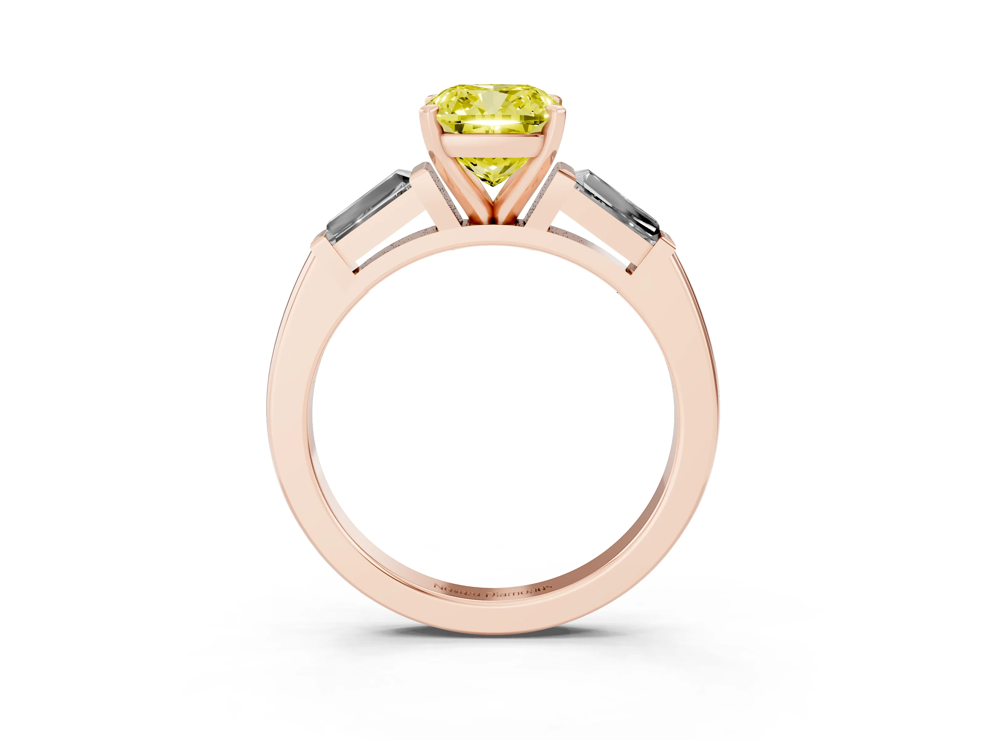 Fancy Yellow Cushion Cut Diamond Solitaire Ring Set in Rose gold with Tapered Baguette Side Stones and Prong Setting