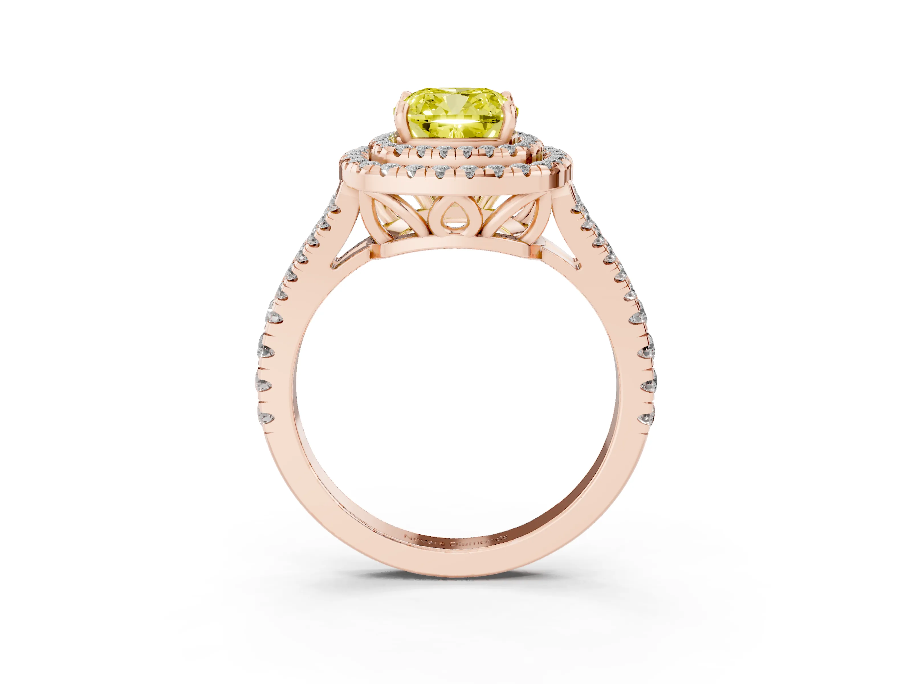 Fancy Yellow Cushion Cut Diamond Double Halo Ring Set in Rose gold with Pavé Band