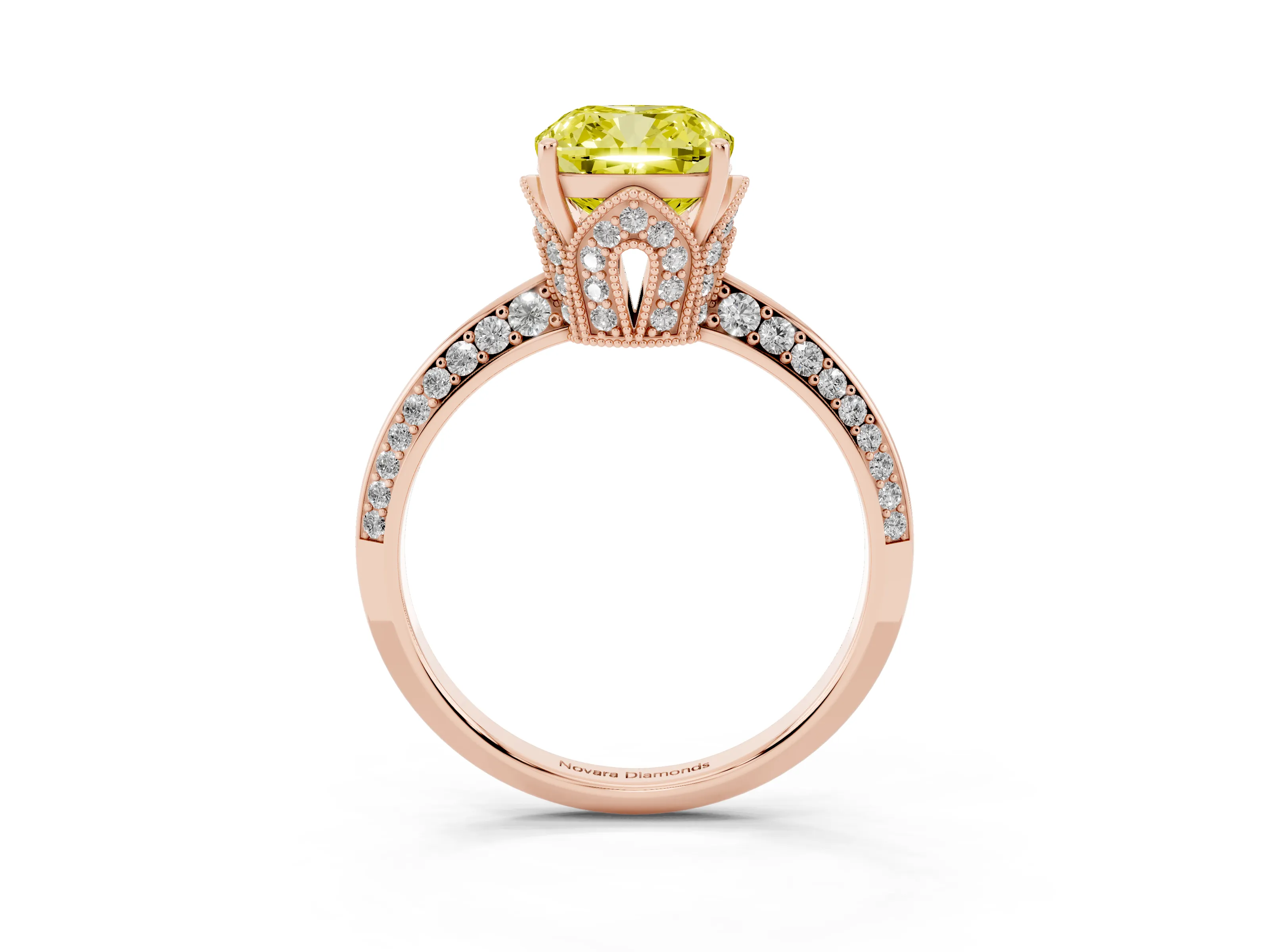 Fancy Yellow Cushion Cut Diamond Solitaire Engagement Ring Set in Rose gold with Pavé Split Shank and Prong Setting