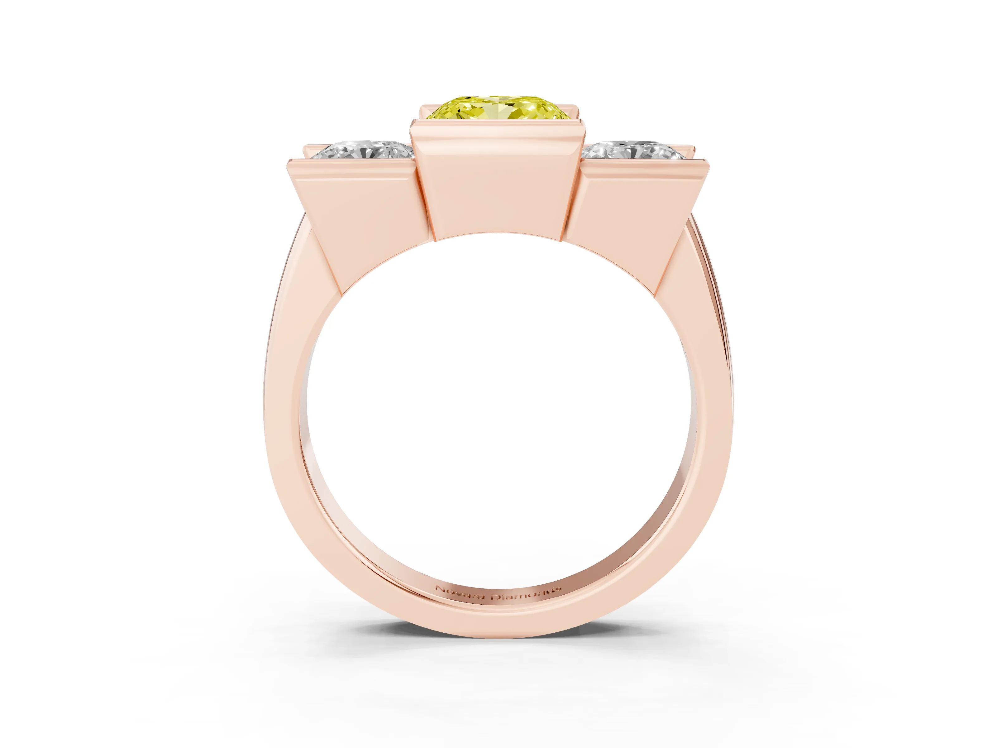 Fancy Yellow Cushion Cut Diamond Three-Stone Channel Set Ring Set in Rose gold with Smooth Polished Band