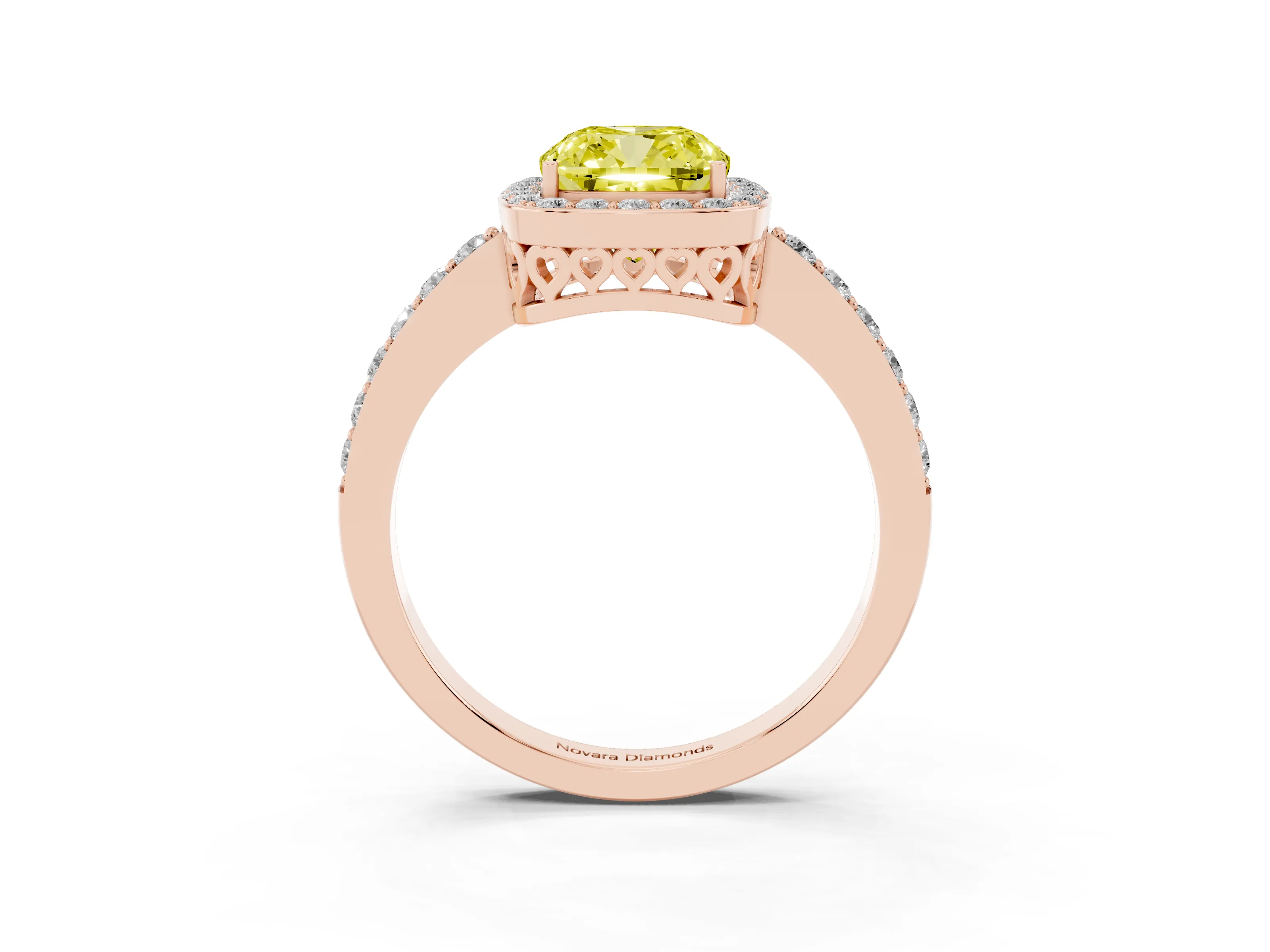 Fancy Yellow Cushion Cut Diamond Halo Ring Set in Rose gold with Pavé-Setting Band and Open Prong Center