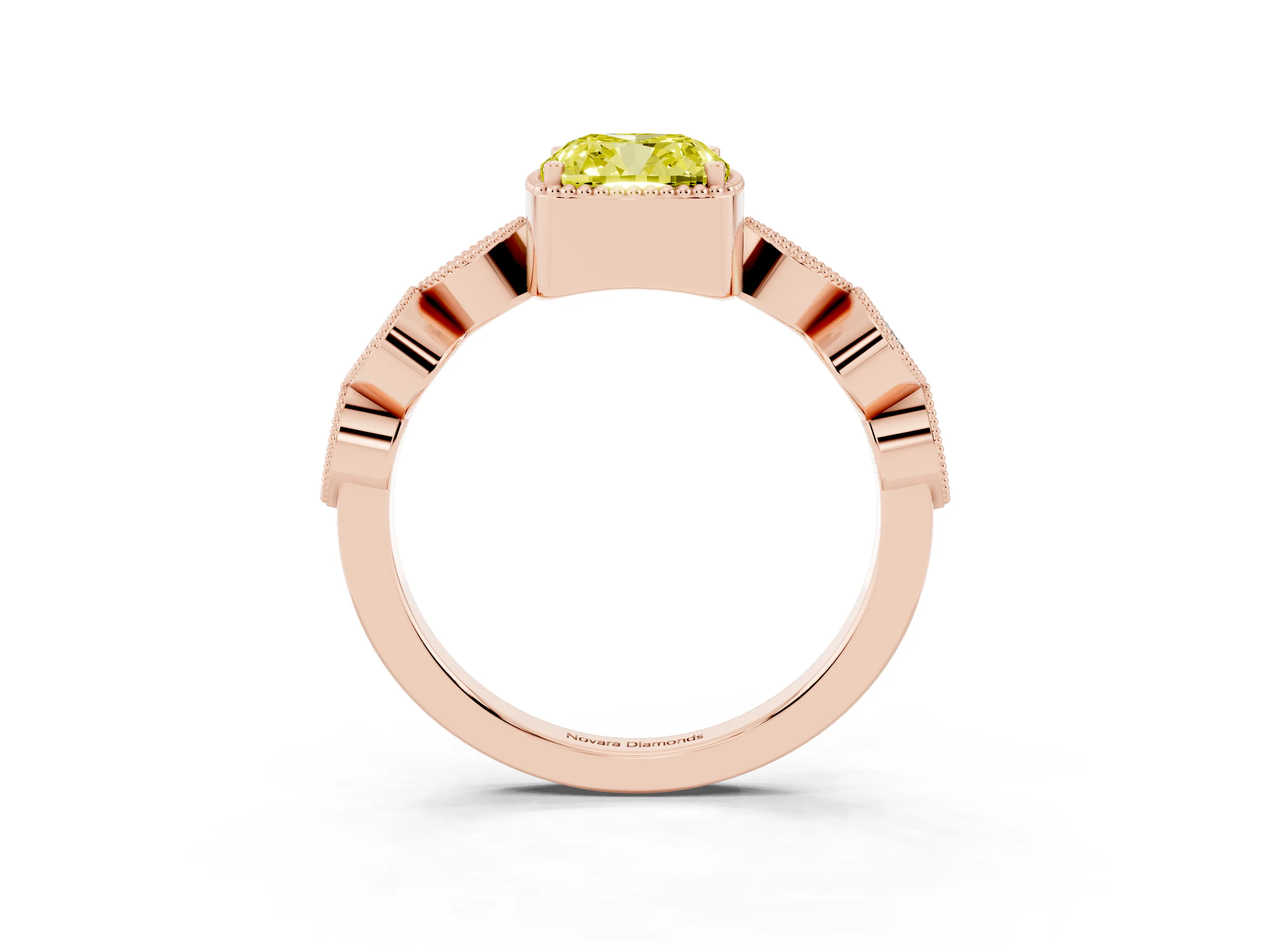 Fancy Yellow Cushion Cut Diamond Vintage-Inspired Milgrain Ring Set in Rose gold with Marquise Stations of Round Accents