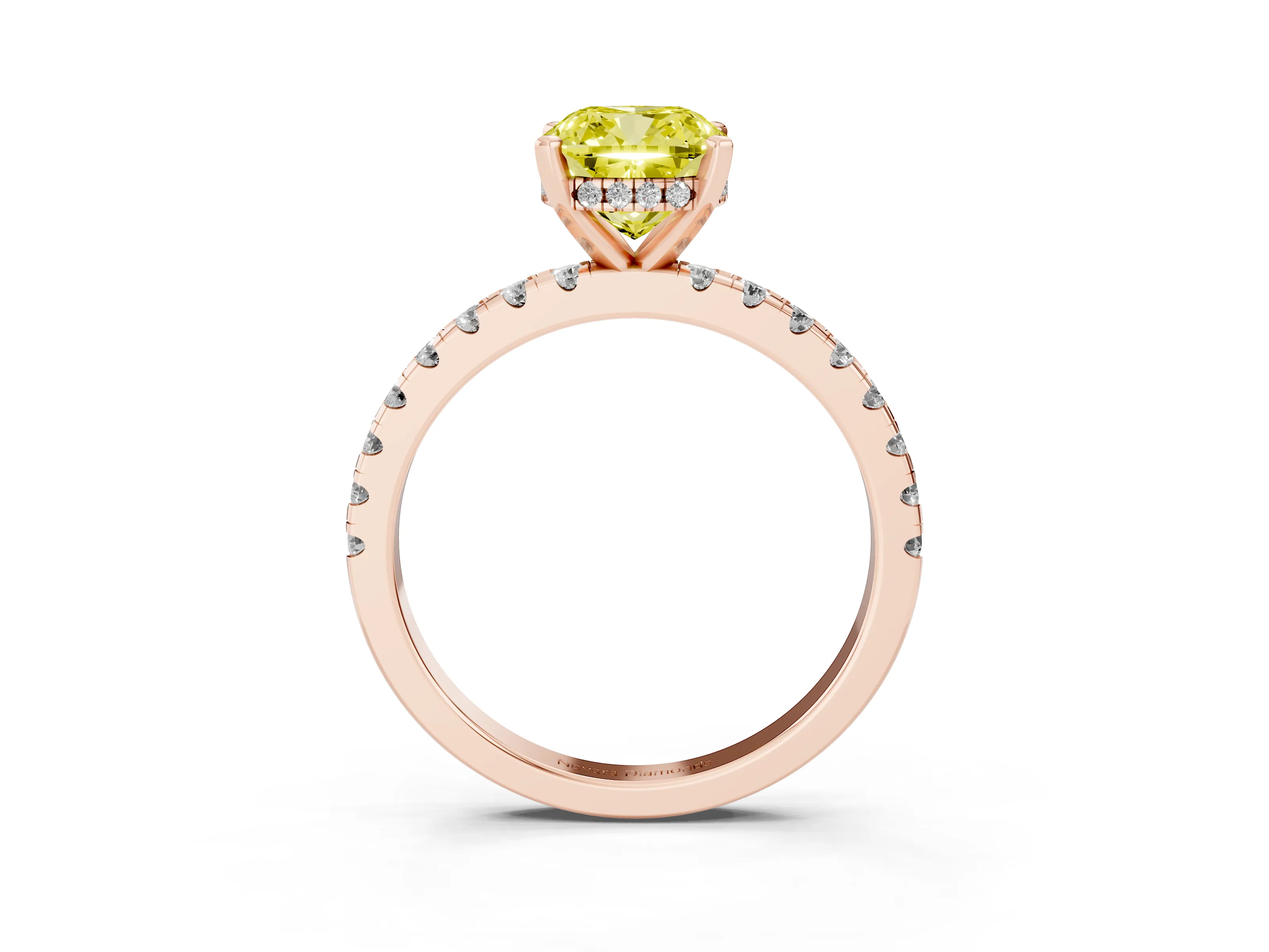 Fancy Yellow Cushion Cut Diamond Pavé Solitaire Ring Set in Rose gold with Round Band Accents and Prong Setting