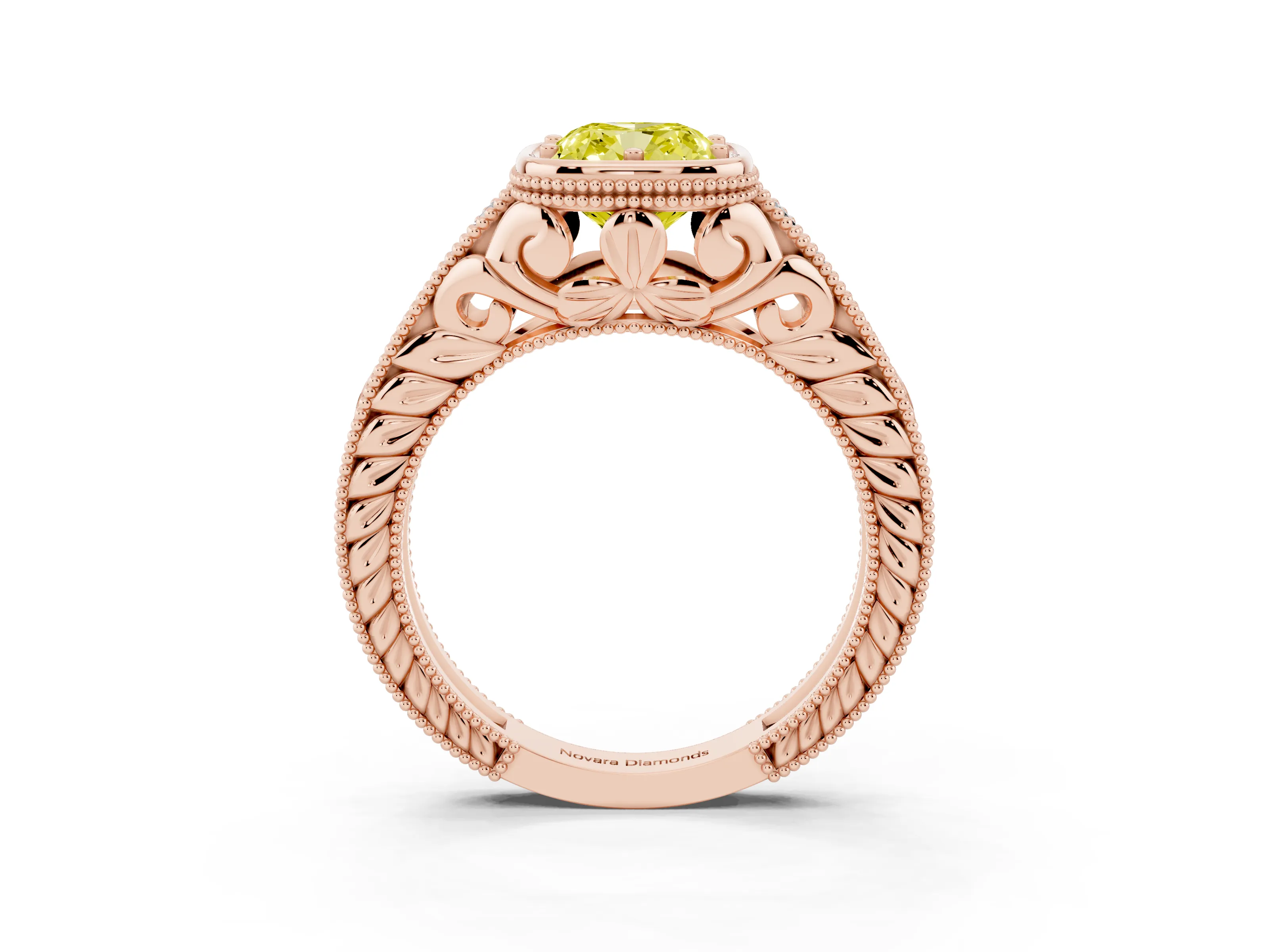 Fancy Yellow Bezel Set Cushion Cut Diamond Milgrain Pavé Engagement Ring Set in Rose gold
