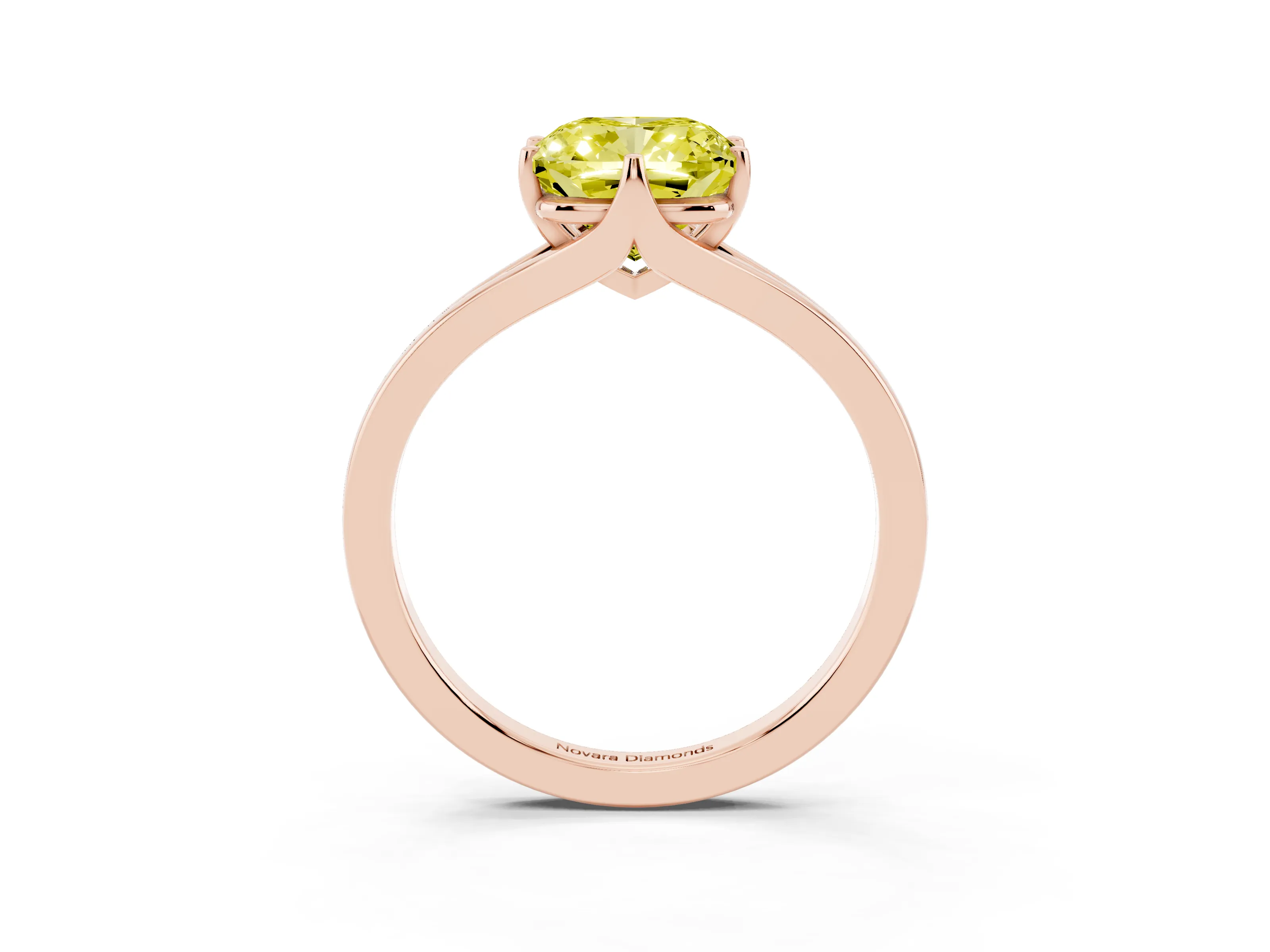 Fancy Yellow Cushion Cut Diamond Solitaire Ring Set in Rose gold with Polished Tapered Band and Prong Setting