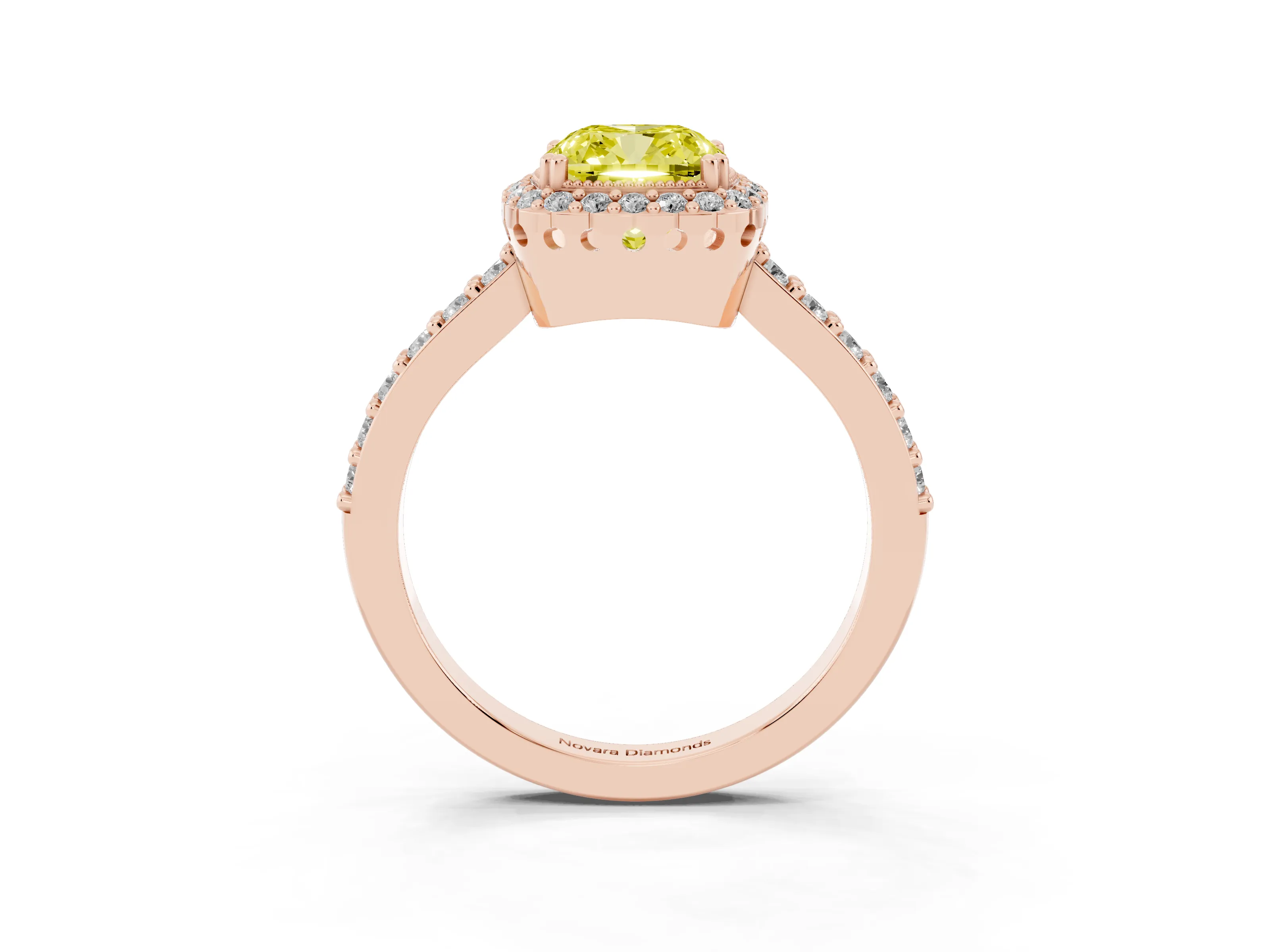 Fancy Yellow Cushion Cut Diamond Halo Engagement Ring Set in Rose gold with Milgrain Detail and Pavé Band