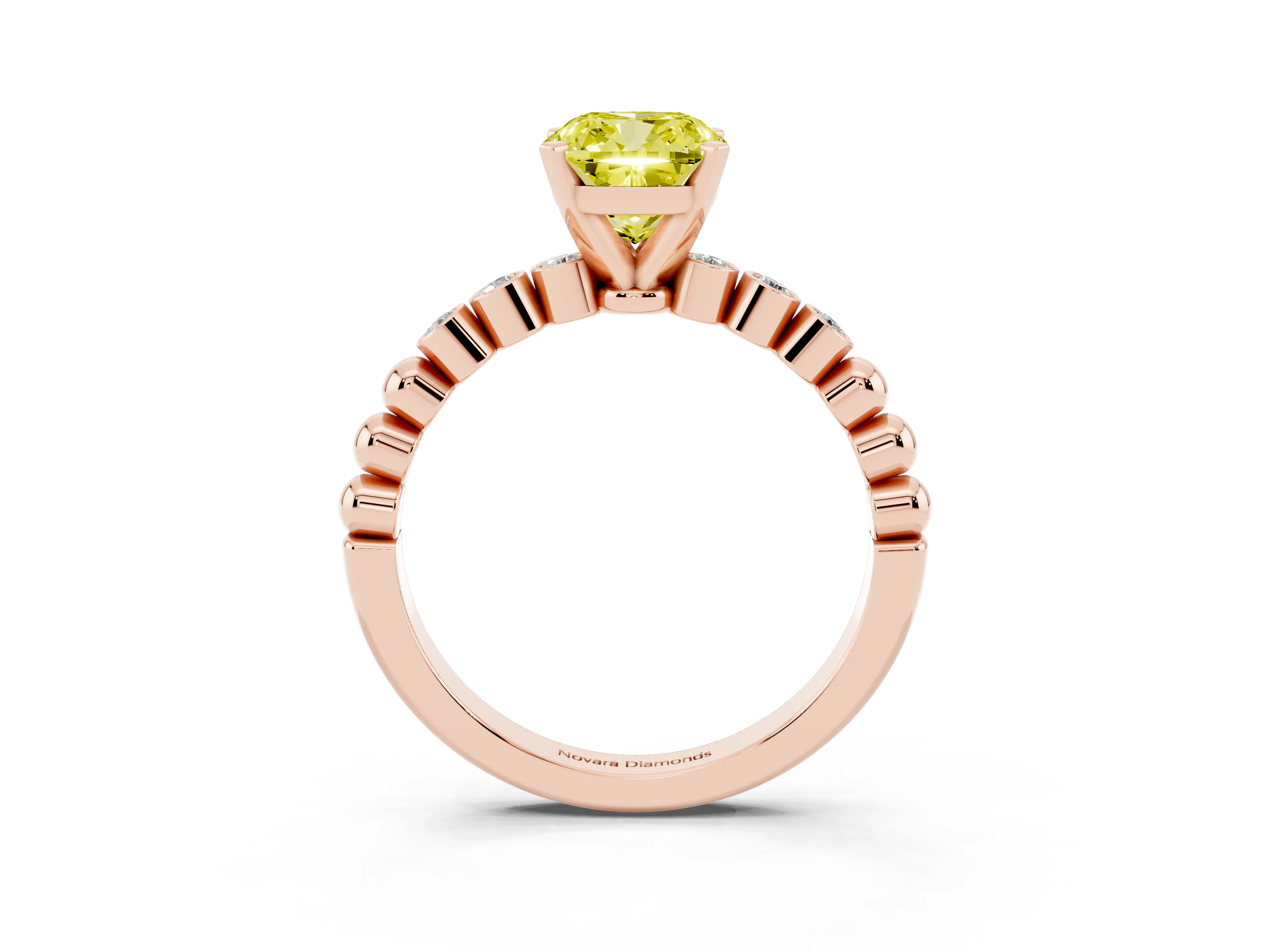 Fancy Yellow Cushion Cut Diamond Solitaire Engagement Ring Set in Rose gold with Bezel Accents on Beaded Band