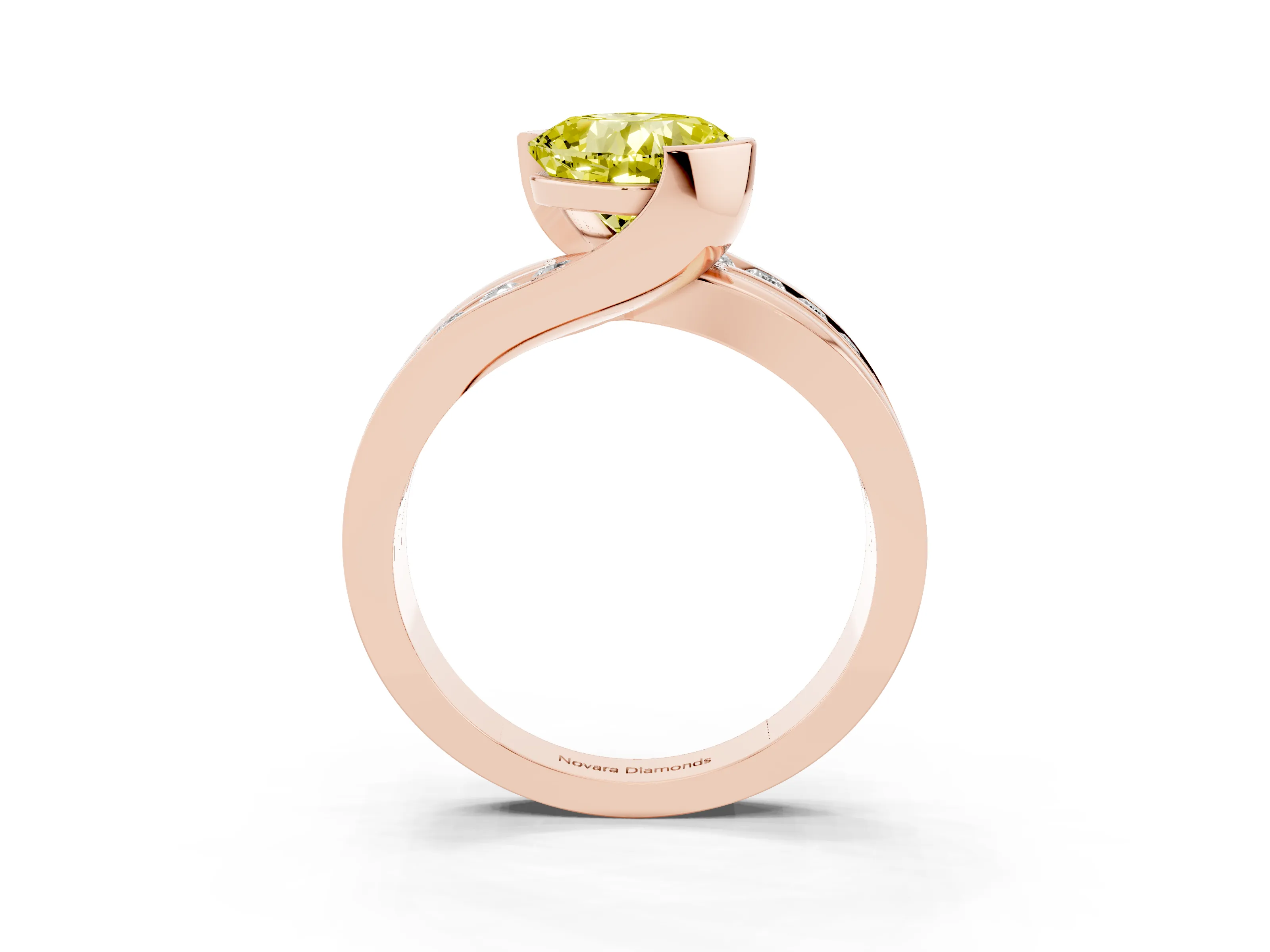 Fancy Yellow Cushion Cut Diamond Solitaire Ring Set in Rose gold with Channel Set Split Shank and Tension Prongs