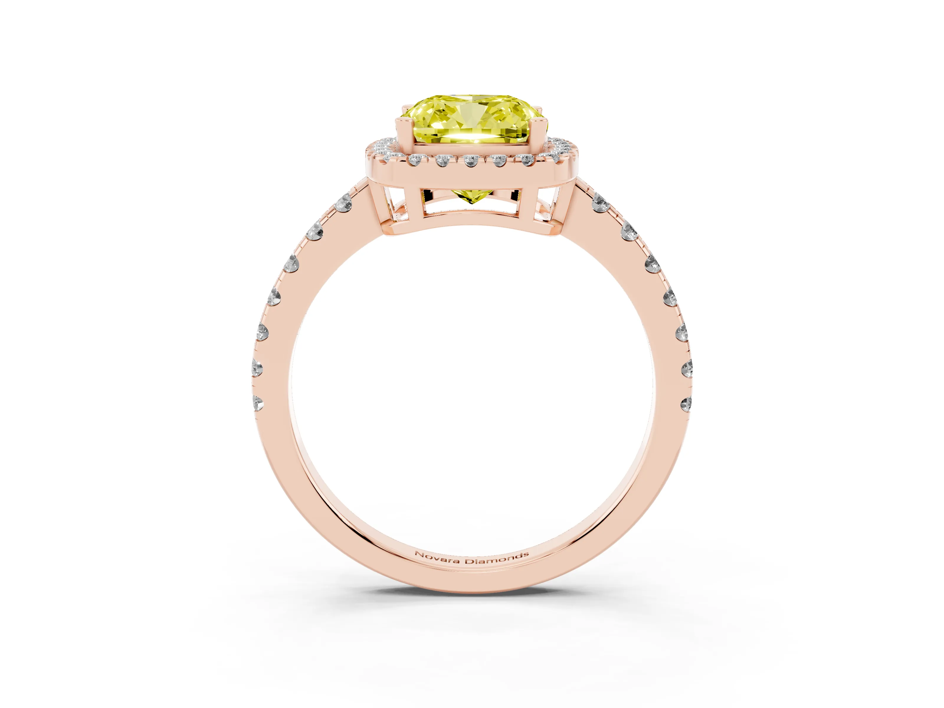 Fancy Yellow Cushion Cut Diamond Halo Ring Set in Rose gold with Delicate Pavé Band and Prong Setting