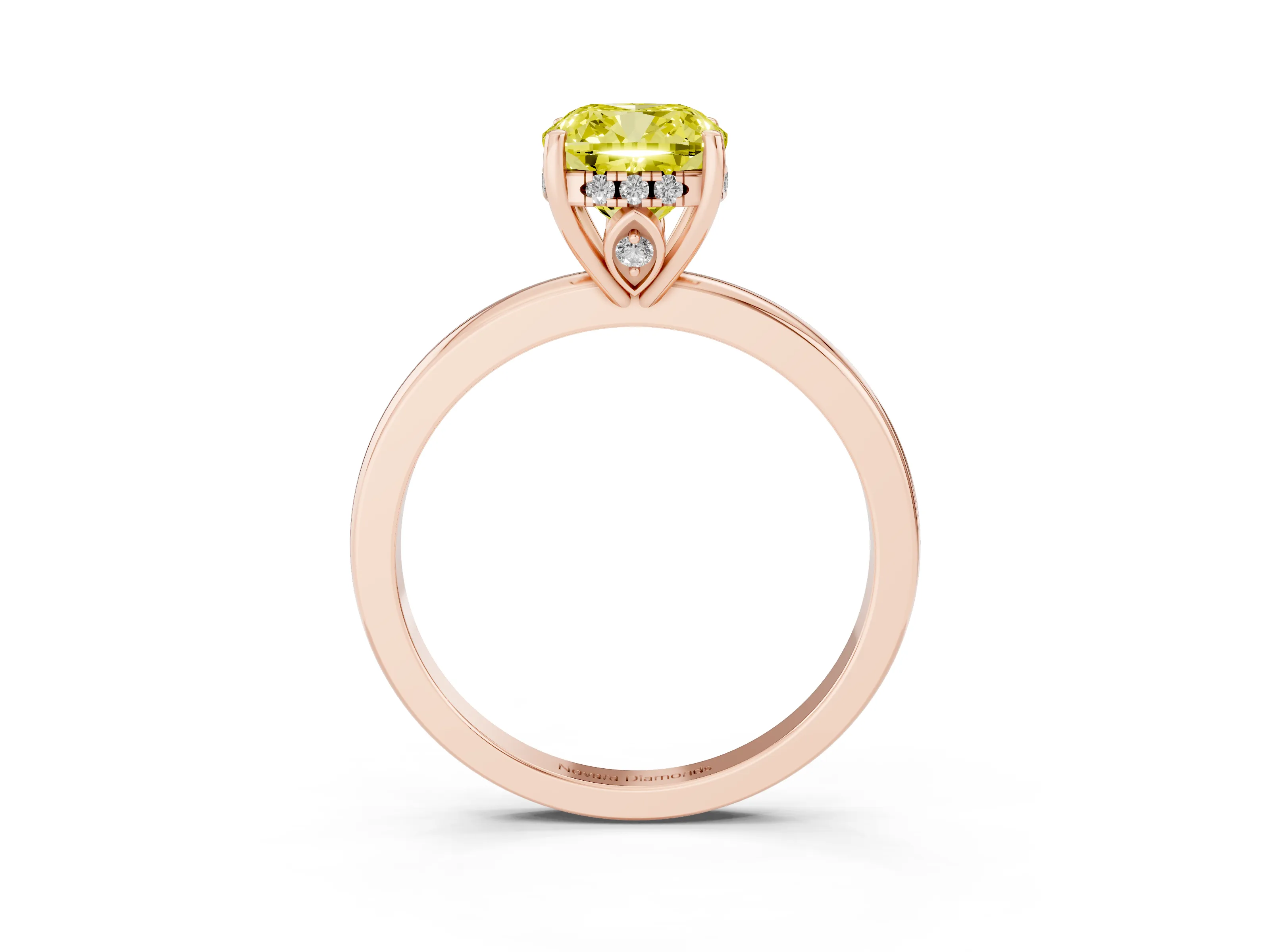 Fancy Yellow Cushion Cut Diamond Solitaire Ring Set in Rose gold with Plain Band and Prong Setting