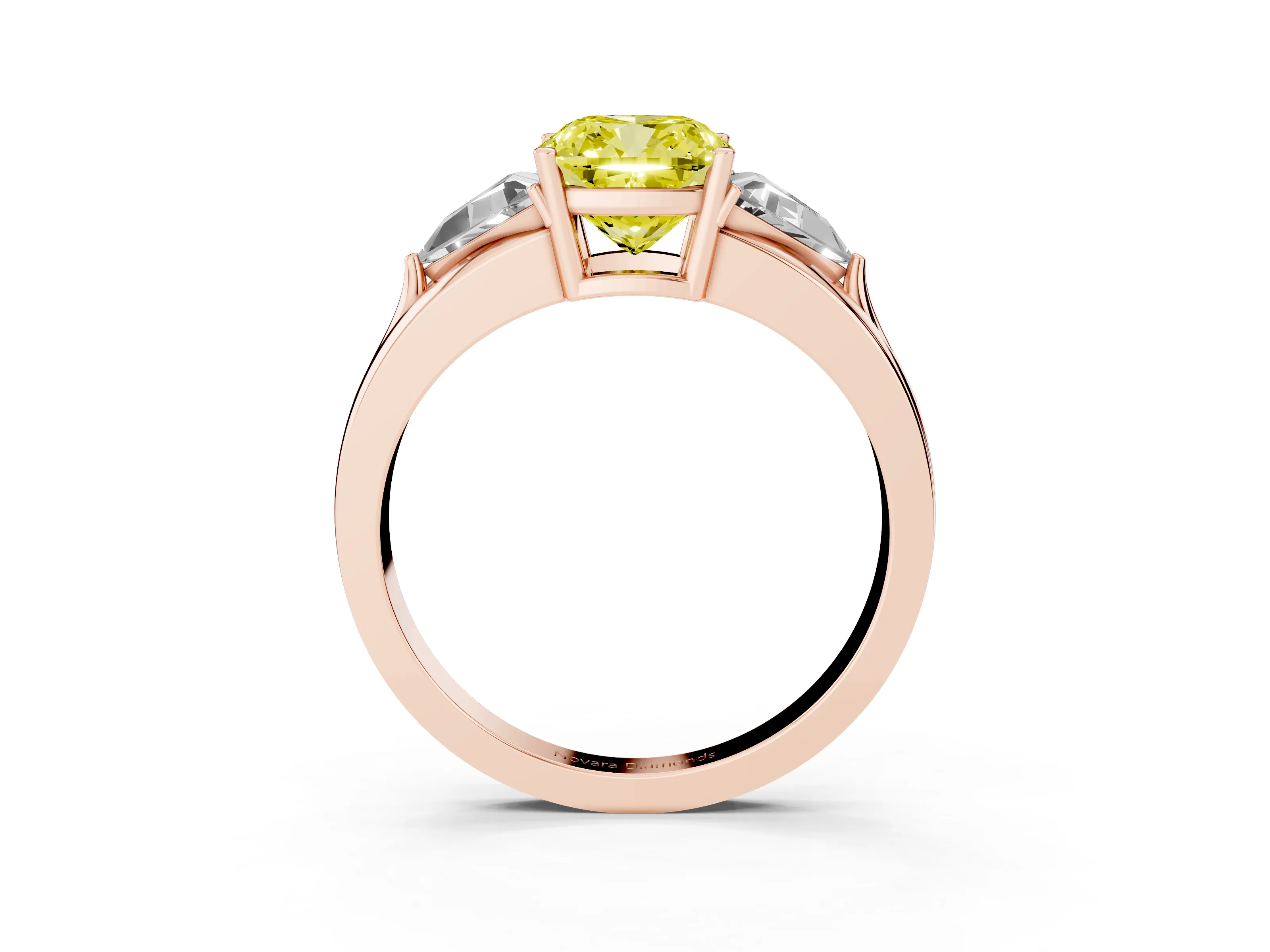 Fancy Yellow Cushion Cut Diamond Three-Stone Ring Set in Rose gold with Trillion Side Stones and Split Shank