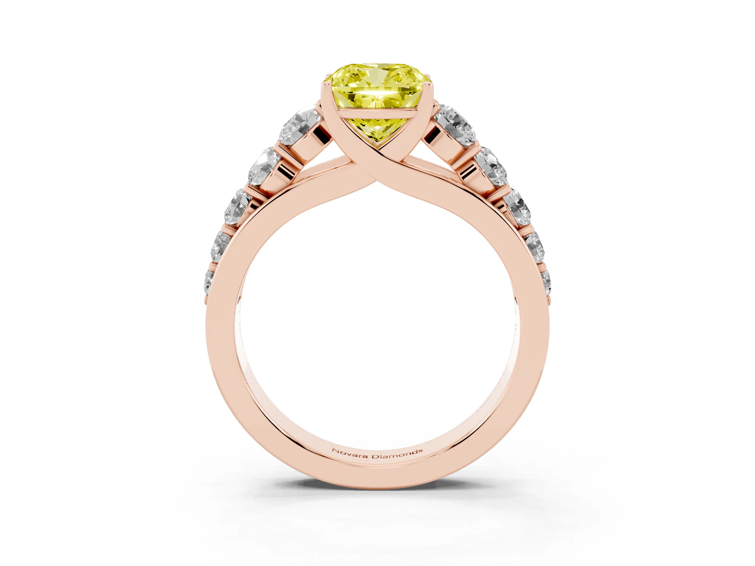 Fancy Yellow Cushion Cut Diamond Solitaire Ring Set in Rose gold with Pavé-Set Band and Prong Setting