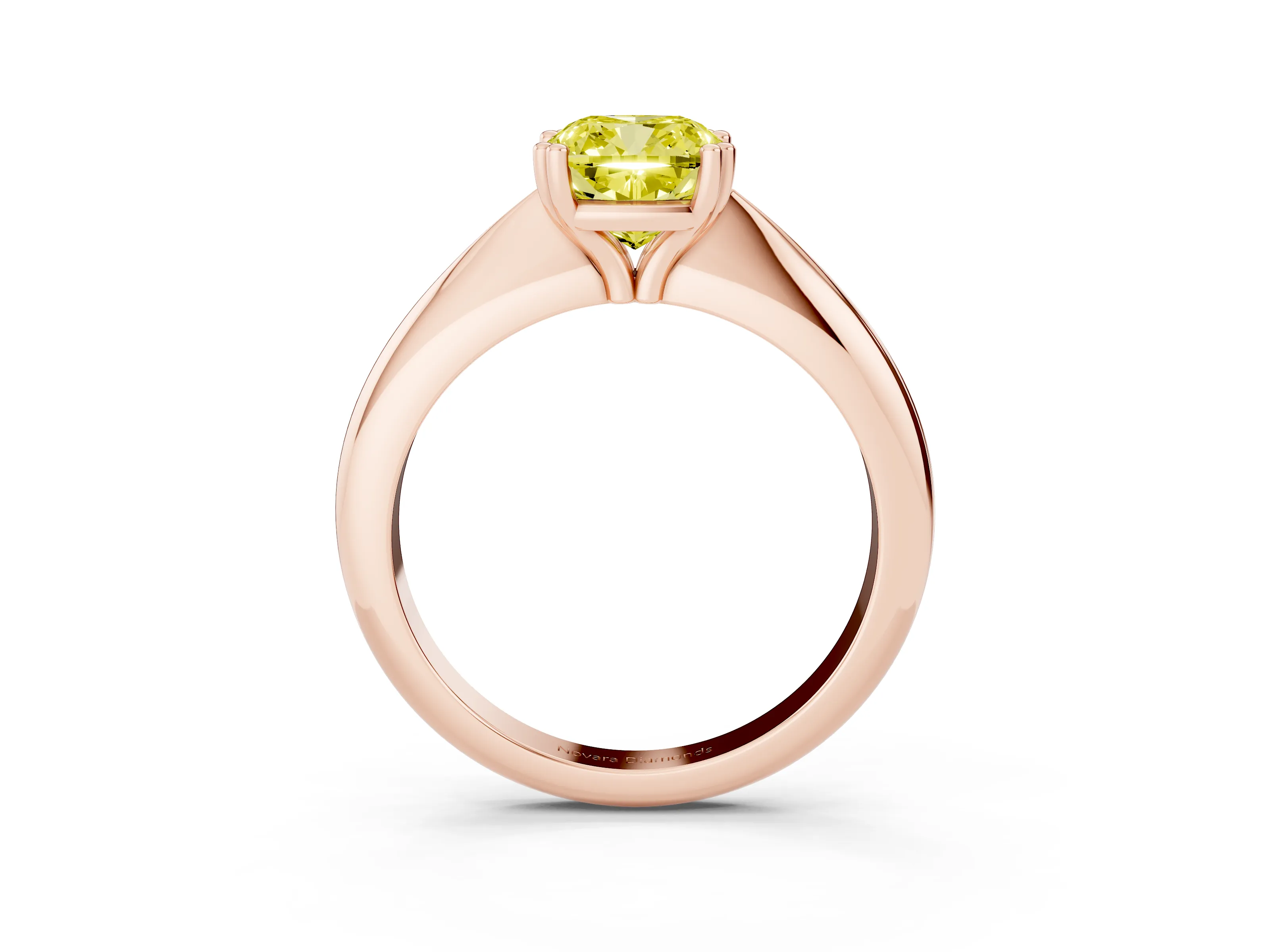 Fancy Yellow Cushion Cut Diamond Solitaire Engagement Ring Set in Rose gold with Tapered Band and Prong Setting