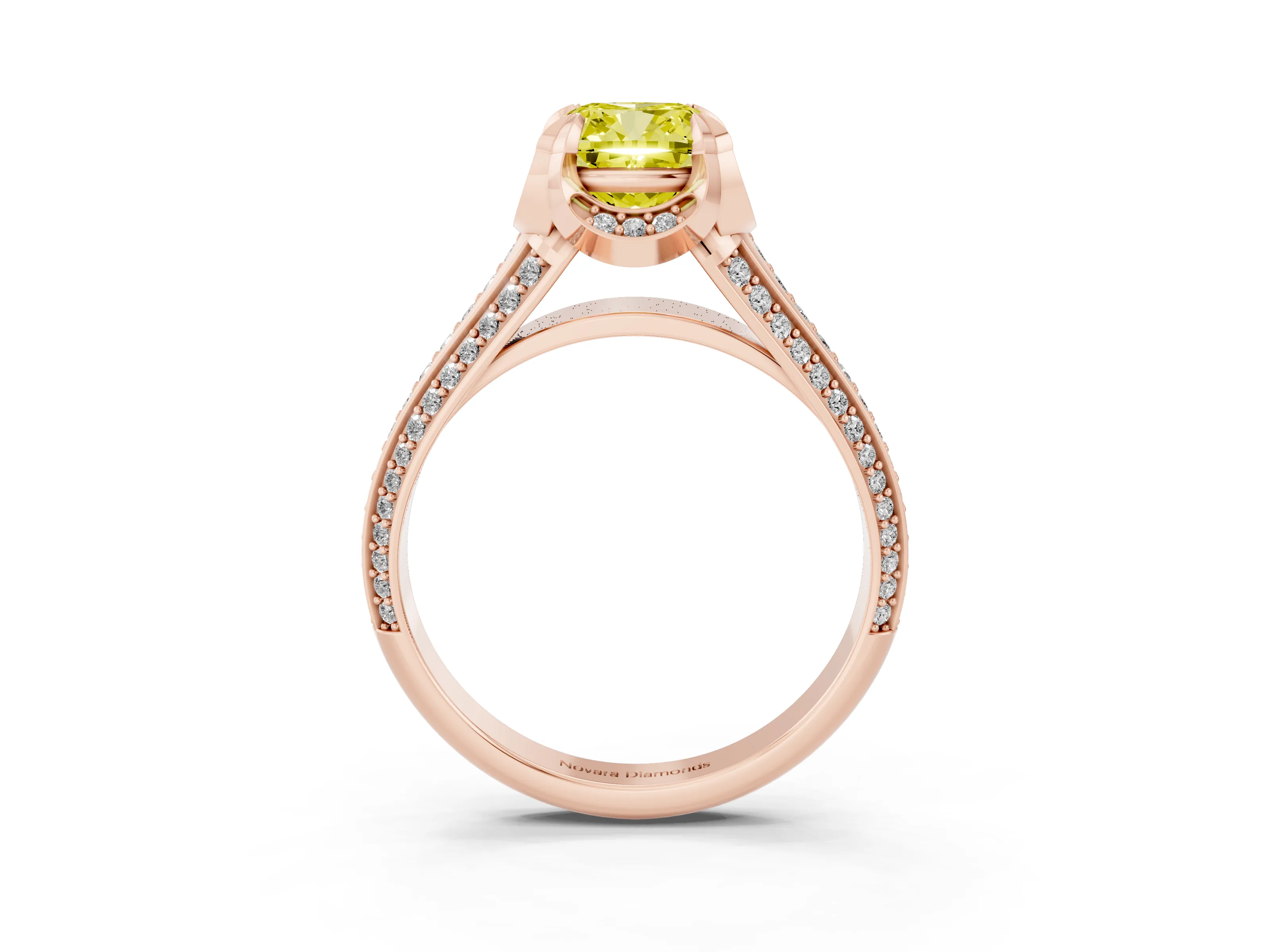 Fancy Yellow Cushion Cut Diamond Pavé Split Shank Solitaire Ring Set in Rose gold with Prong Setting