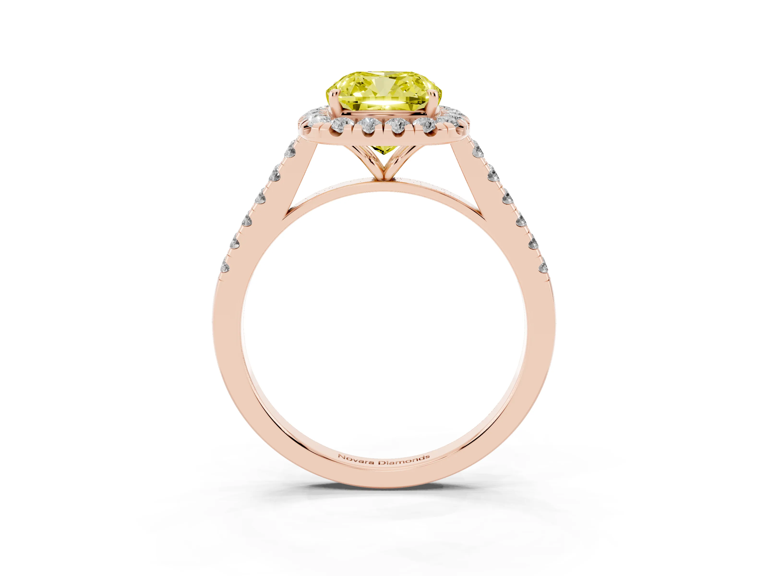 Fancy Yellow Cushion Cut Diamond Halo Pavé Engagement Ring Set in Rose gold with Prong Setting