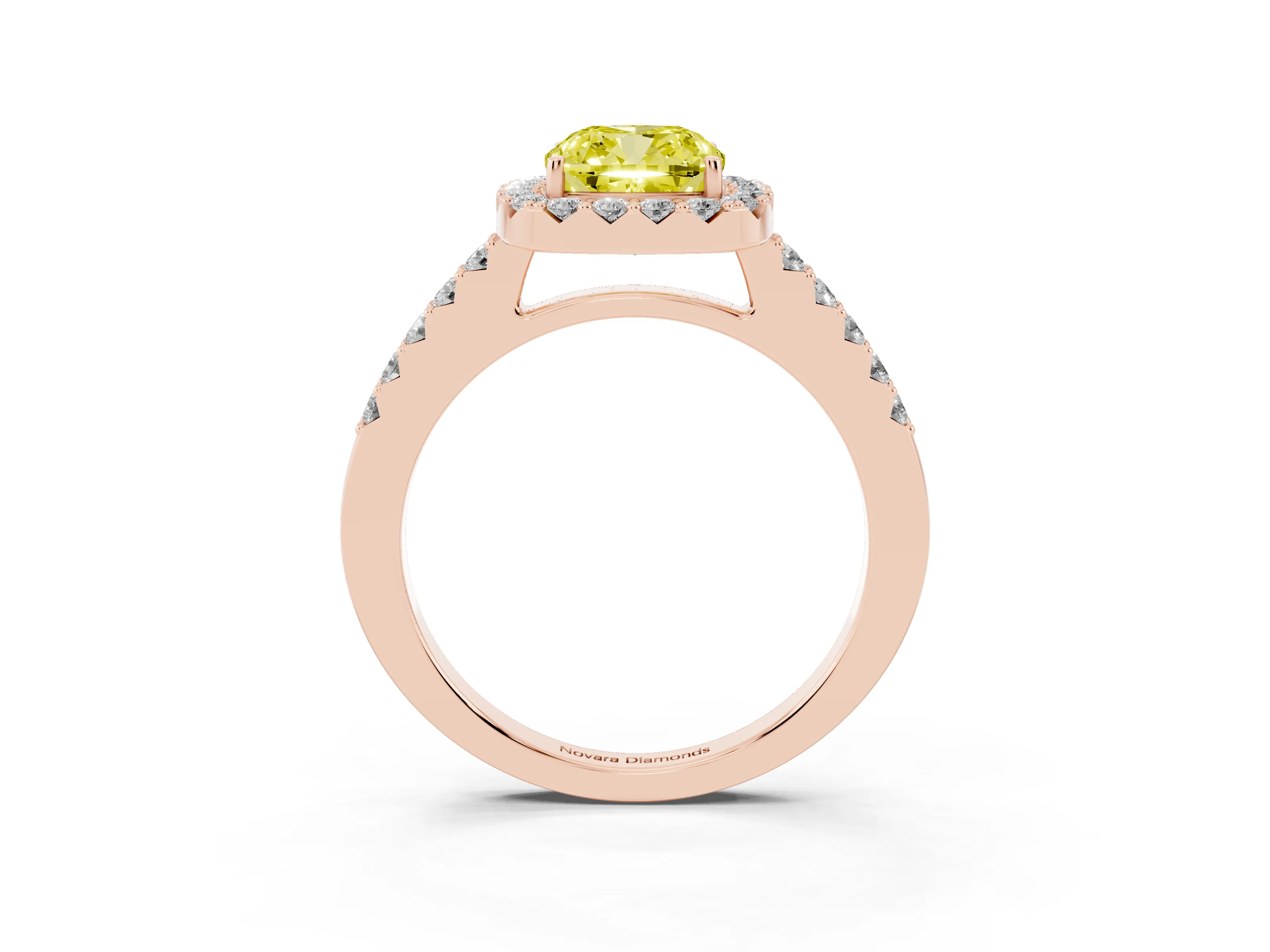 Fancy Yellow Cushion Cut Diamond Halo Pavé Solitaire Ring Set in Rose gold with Prong-Set Center Stone