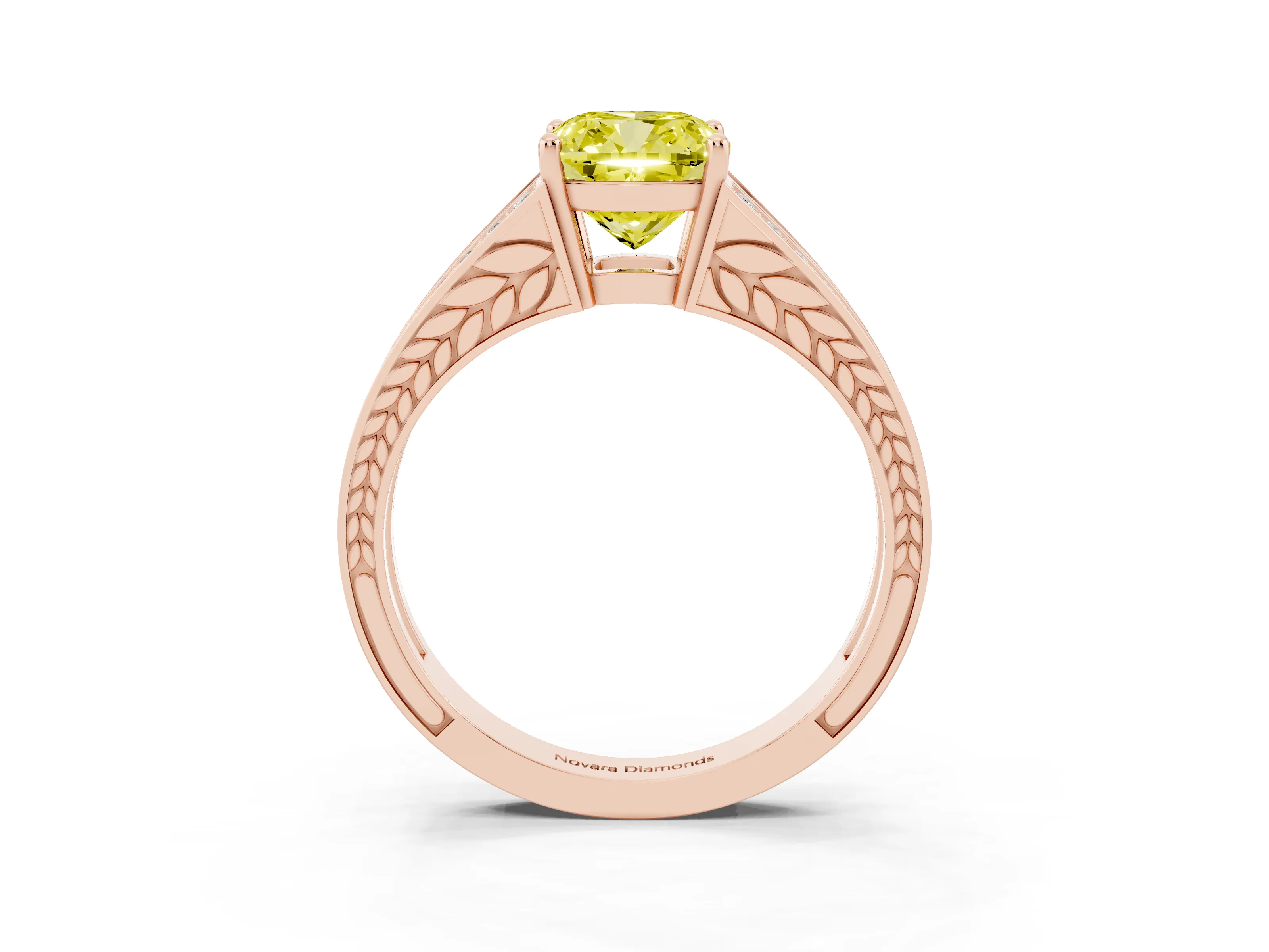 Fancy Yellow Cushion Cut Diamond Split Shank Ring Set in Rose gold with Pavé Band and Prong Setting