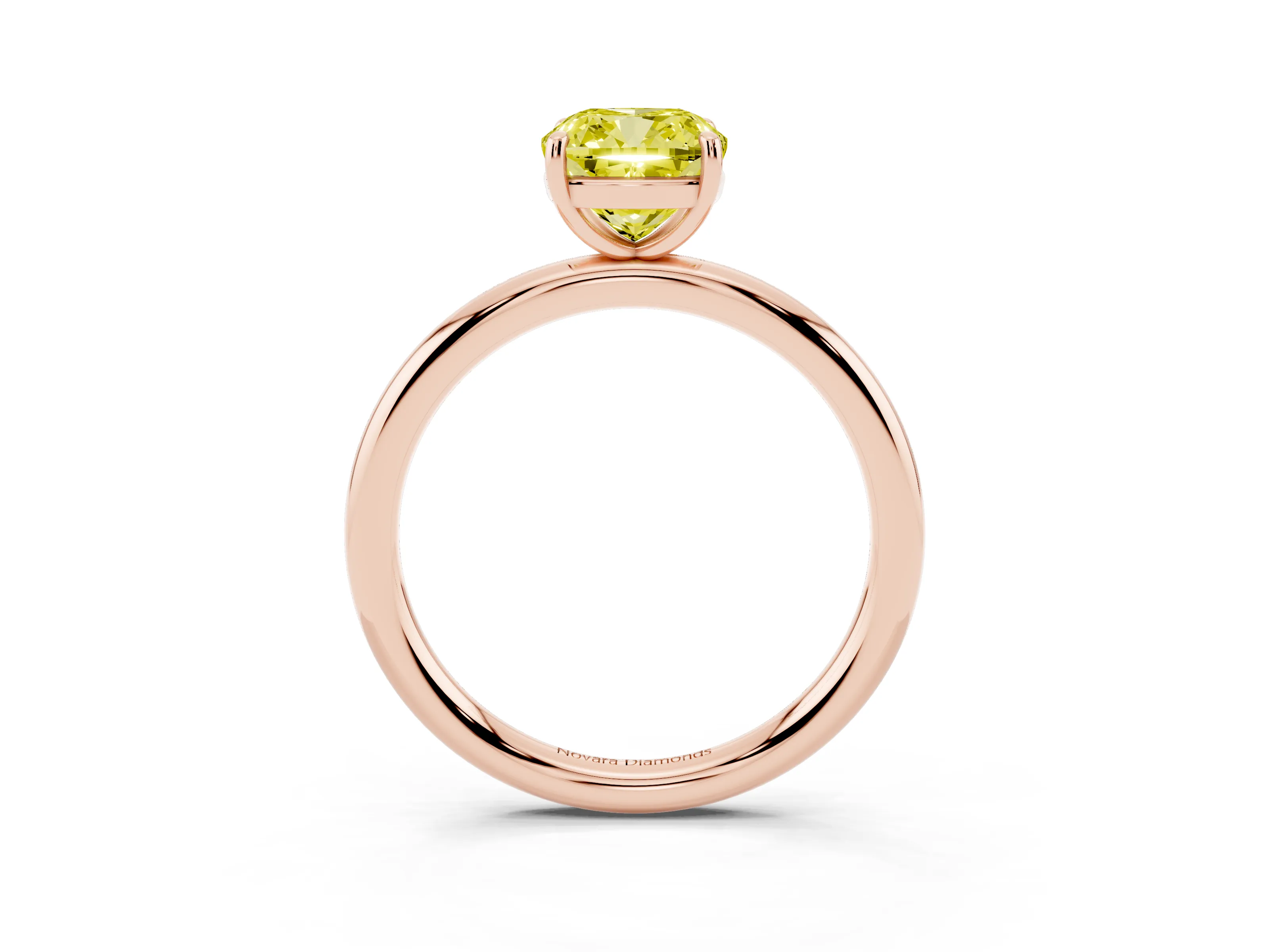 Fancy Yellow Cushion Cut Diamond Solitaire Ring Set in Rose gold with Prong Setting on a Polished Plain Band