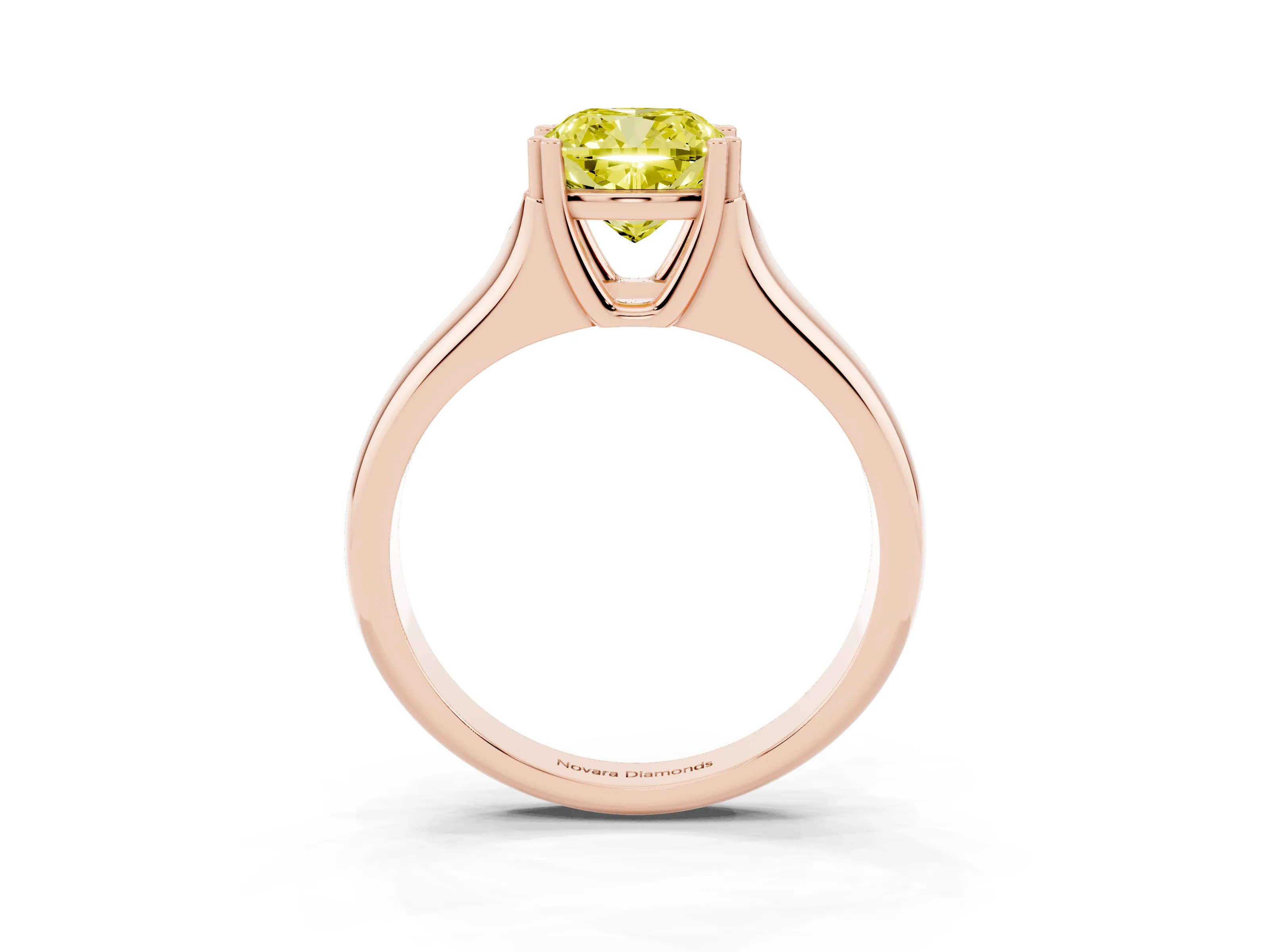 Fancy Yellow Cushion Cut Diamond Solitaire Ring Set in Rose gold with Wide Band and Prong Setting