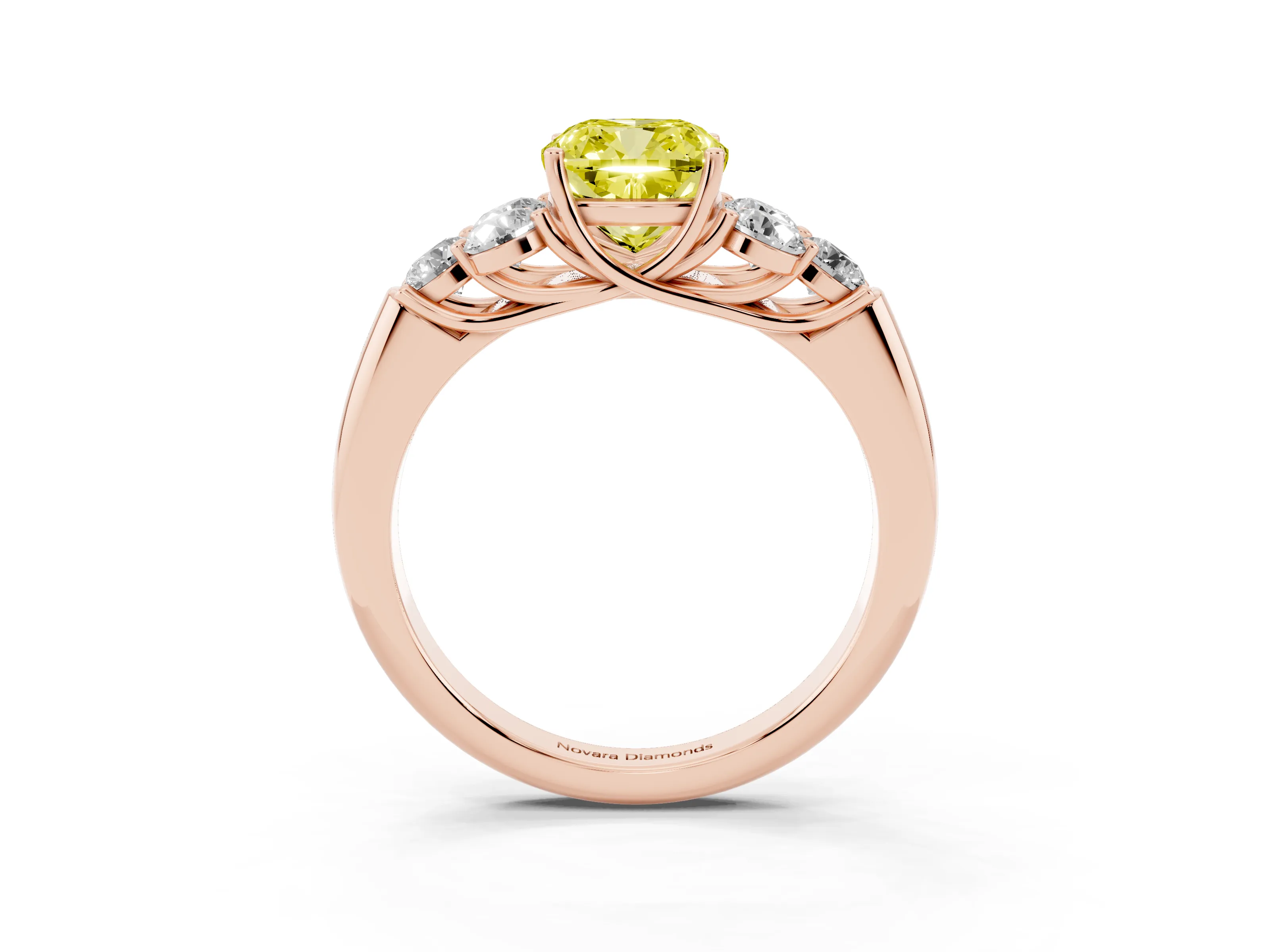 Fancy Yellow Cushion Cut Diamond Cluster Ring Set in Rose gold with Round Accent Stones and Prong Setting on a Plain Band