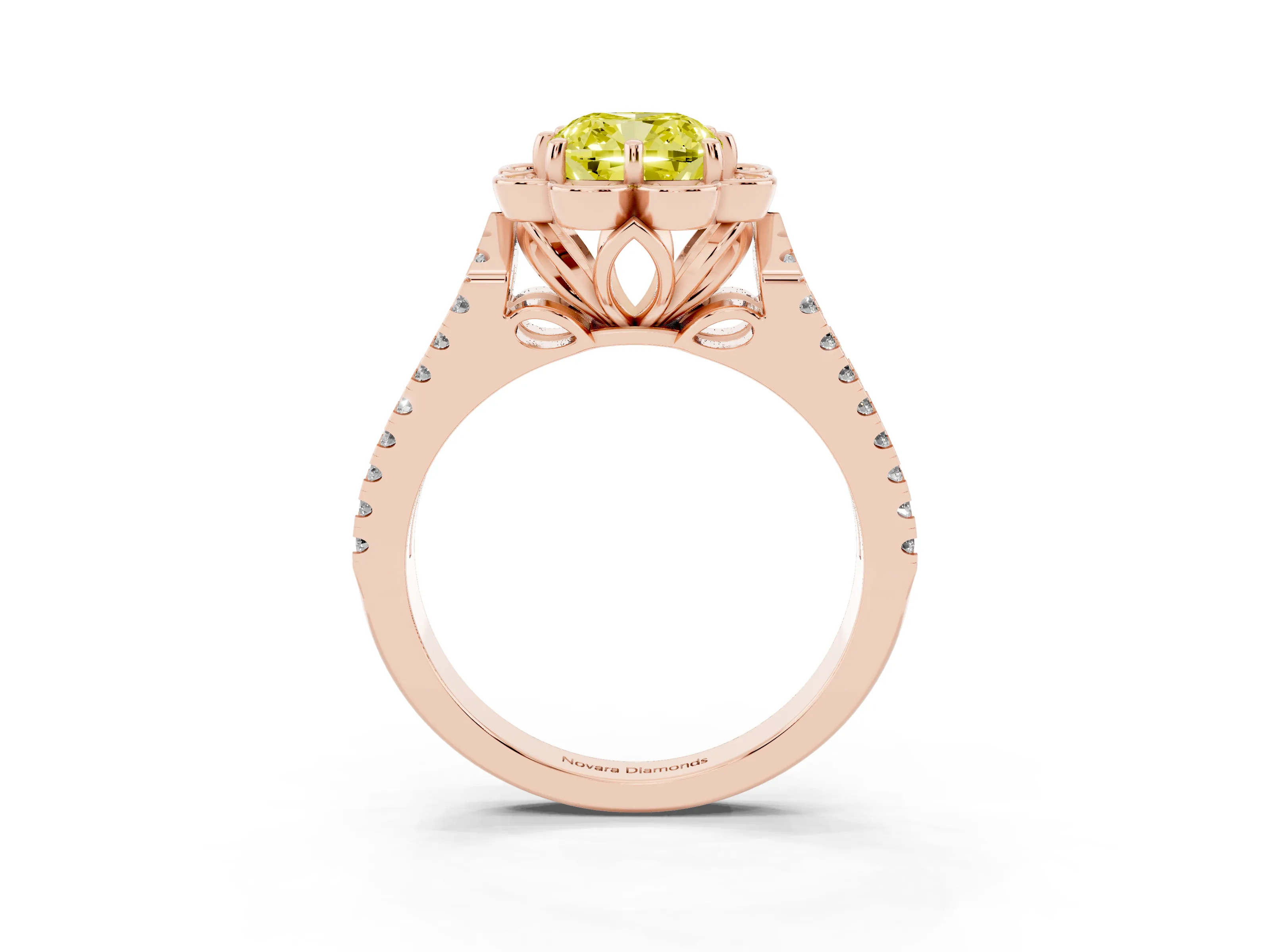 Fancy Yellow Cushion Cut Diamond Floral Halo Split Shank Engagement Ring Set in Rose gold with Pavé Shank